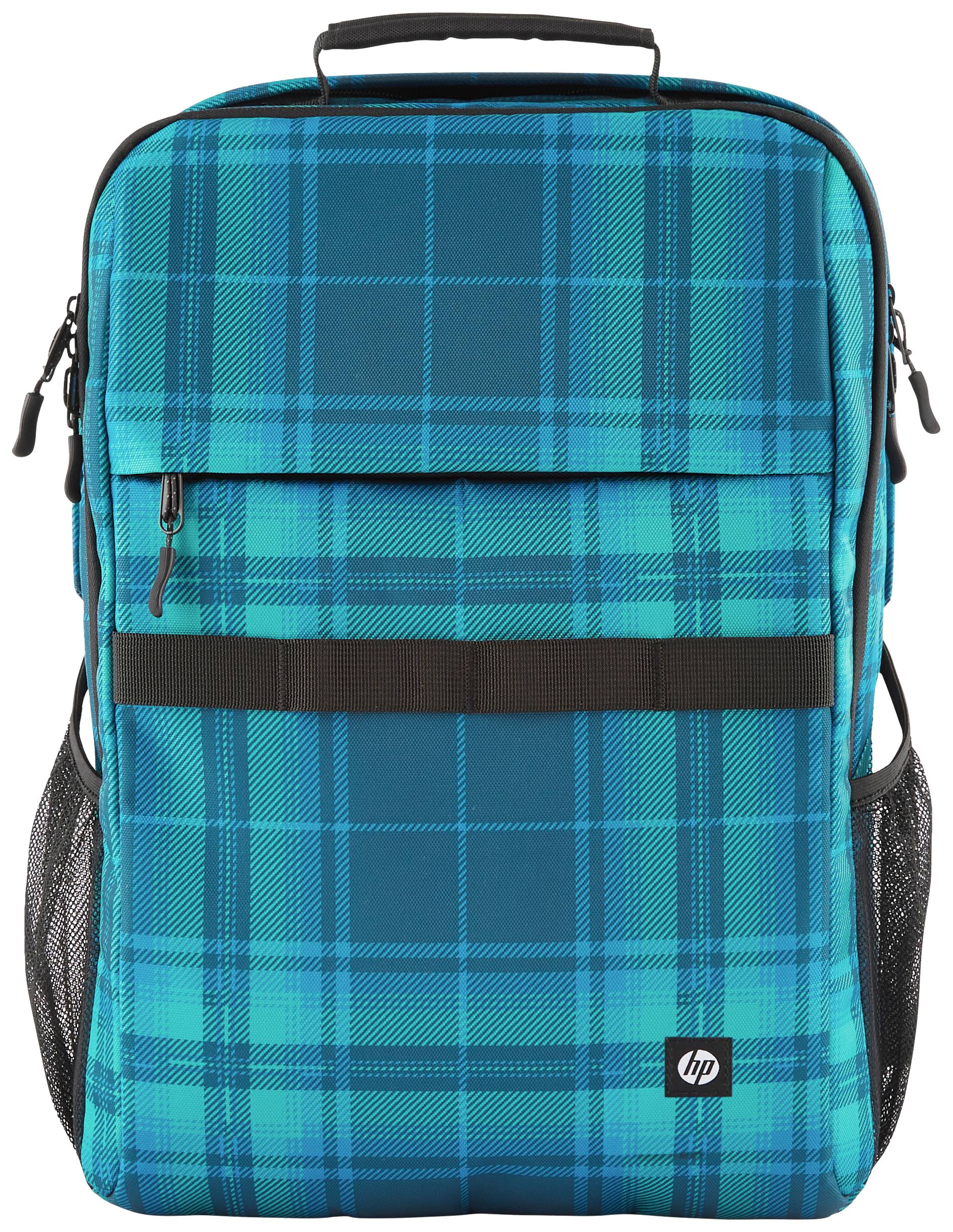 Ein blauer karierter Laptop-Rucksack mit schwarzem Griff und schwarzen Reißverschlüssen, Marke-Logo unten rechts.