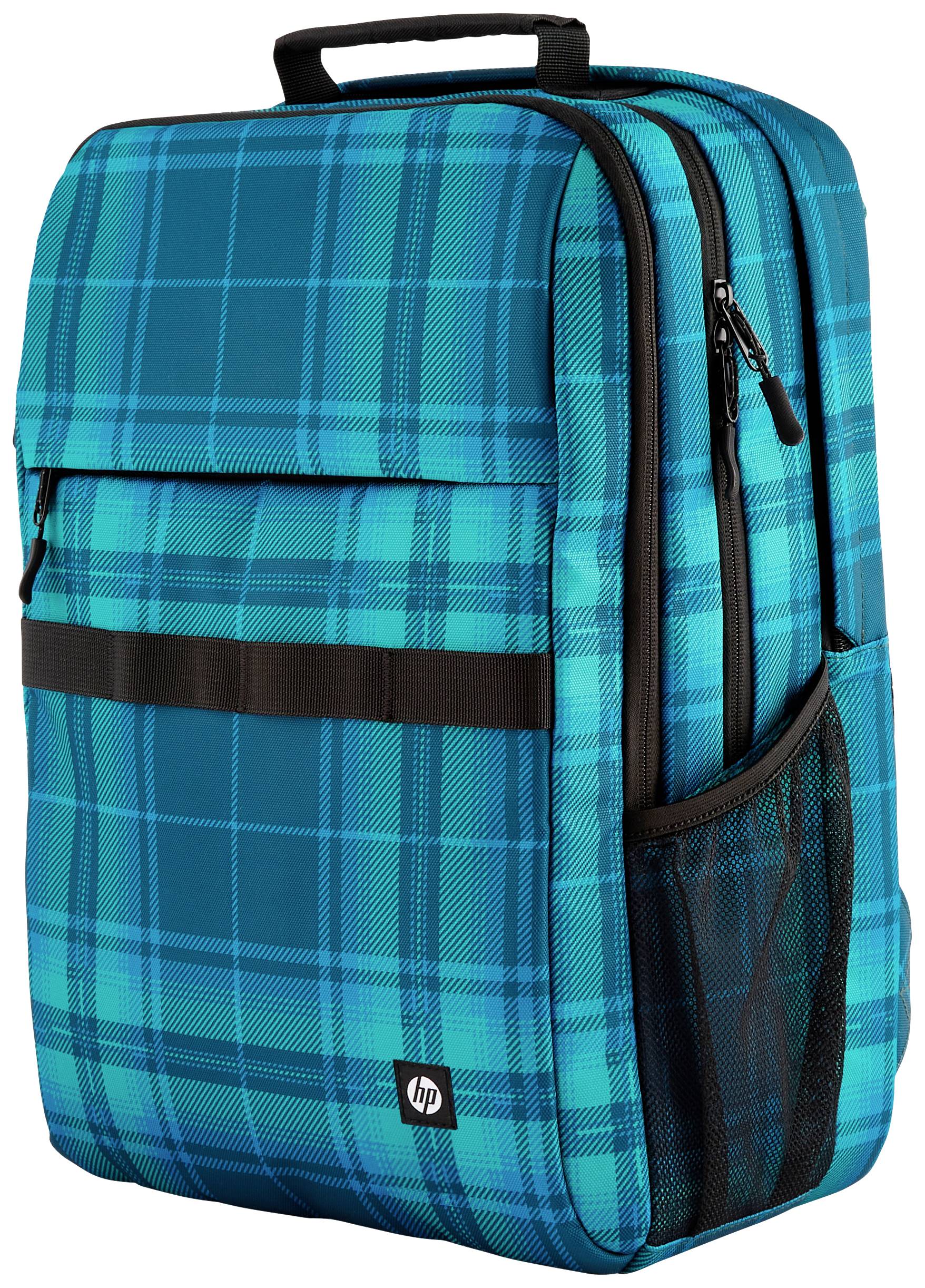 Ein blau-karierter Rucksack mit schwarzem HP-Logo, Seitenfach aus Netzstoff und Reißverschlüssen; ideal für Schule oder Freizeit.