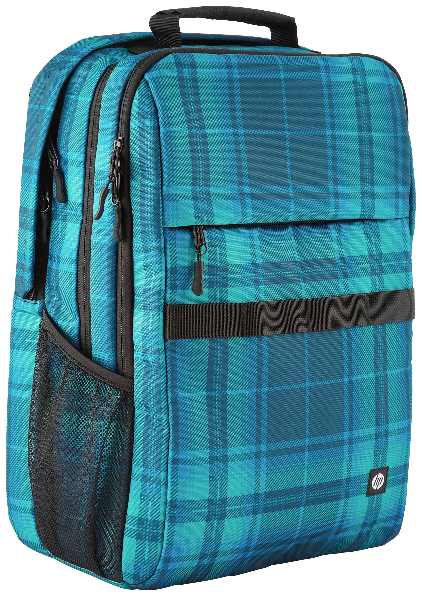 Ein türkis karierter Rucksack mit mehreren Fächern und einem seitlichen Netzhalter. Ideal für Laptop und Alltag.