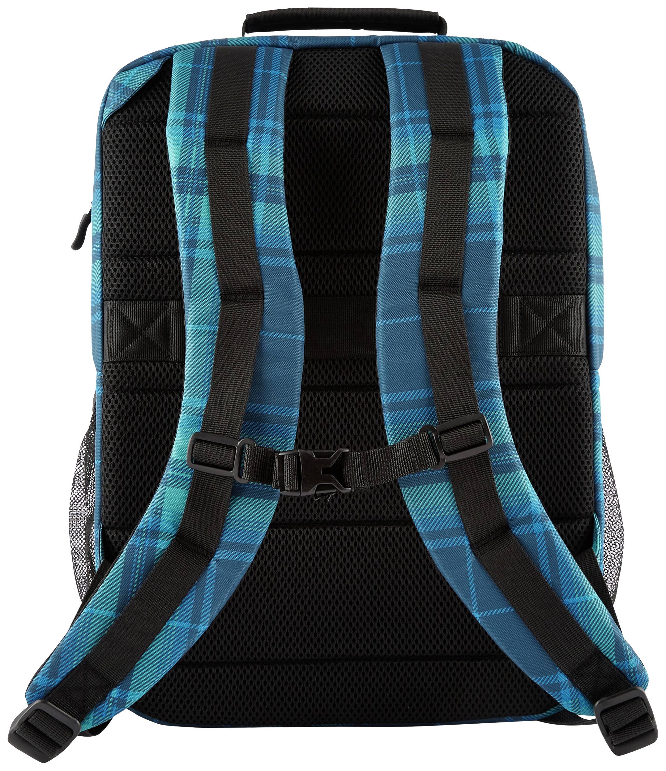 Ein Rucksack in blauer Karo-Optik wird von hinten gezeigt, mit gepolsterten Trägern und einem Hüftgurt für zusätzlichen Komfort.