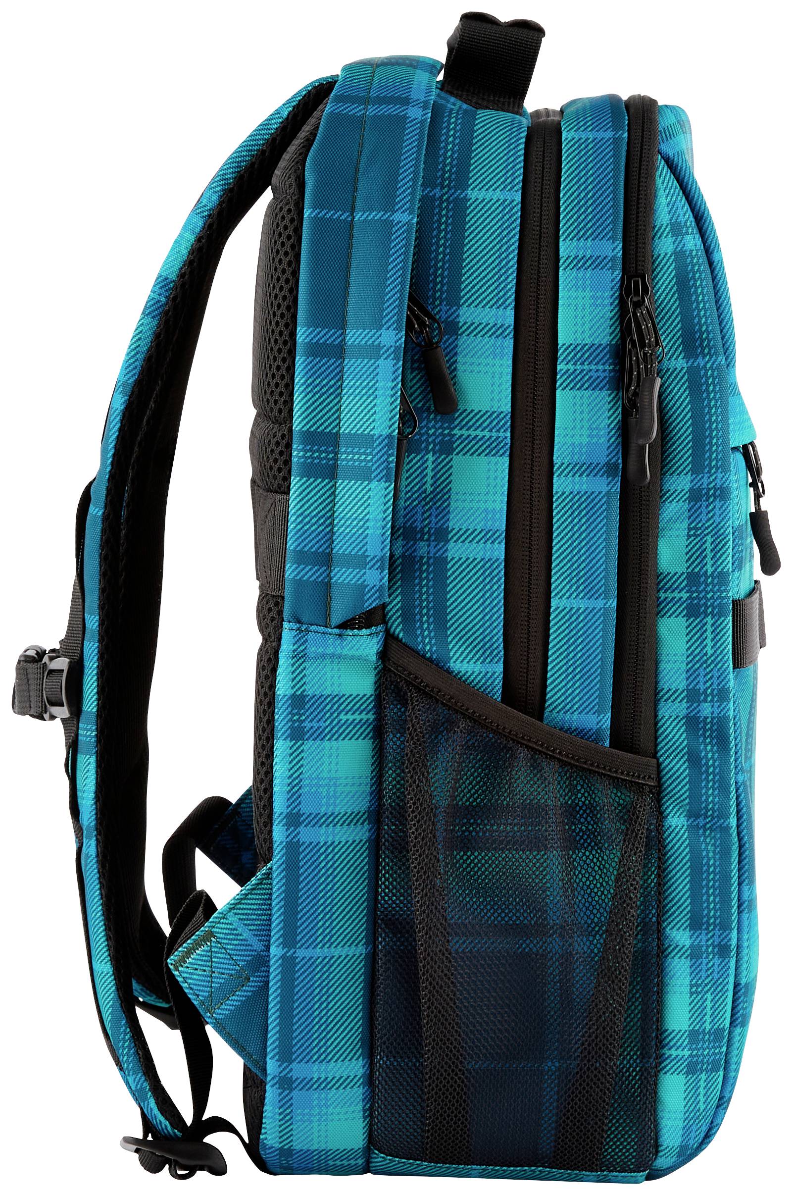 Ein blau-karierter Rucksack mit zwei Hauptfächern und seitlicher Netztasche, seitlich fotografiert. Moderne Design-Details erkennbar.