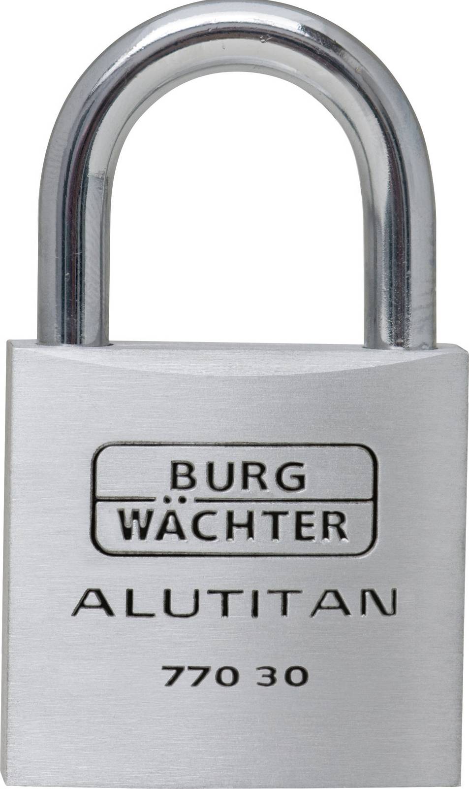 Ein silbernes Vorhängeschloss mit der Aufschrift 'BURG WÄCHTER ALUTITAN 770 30'.