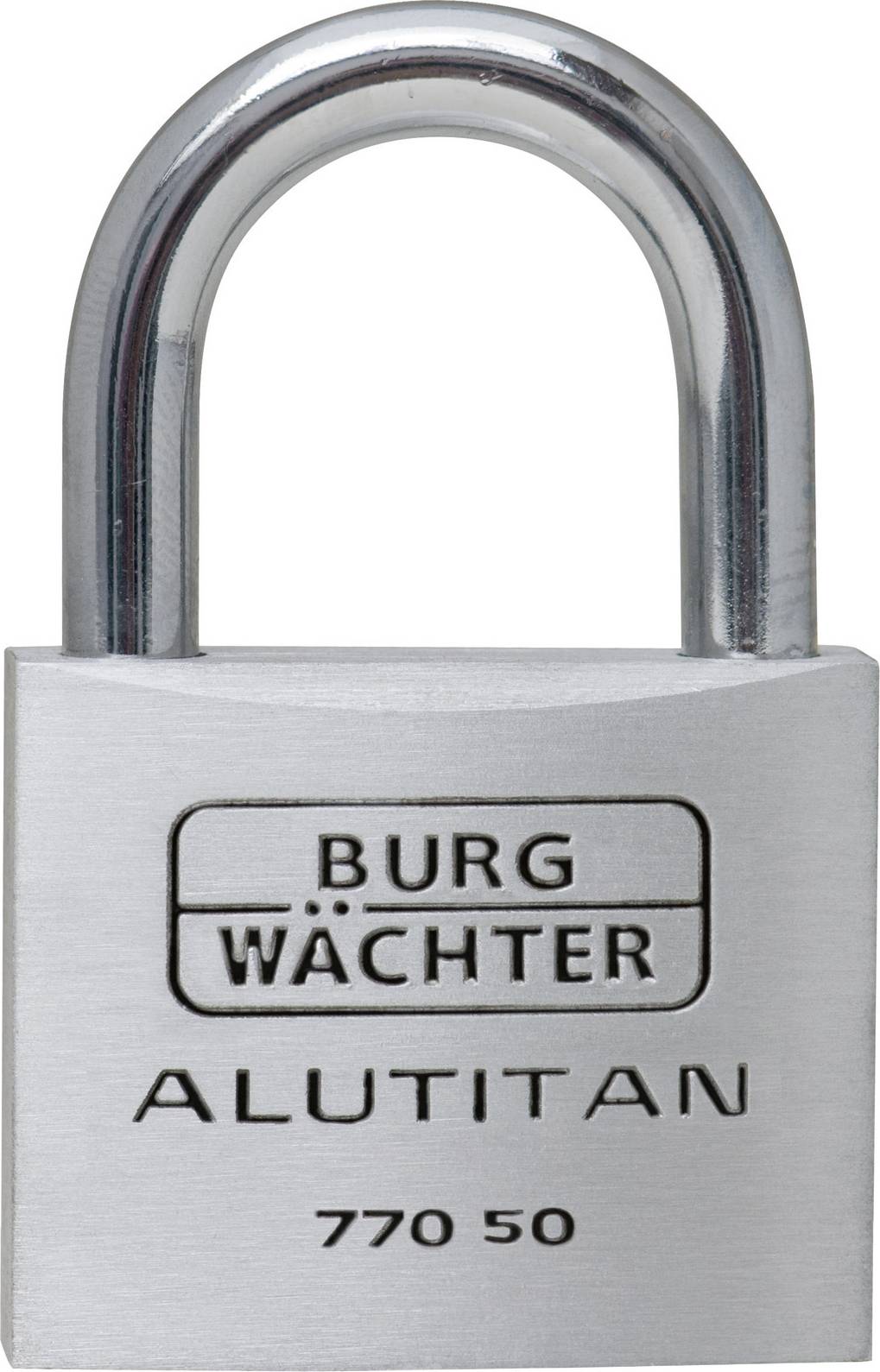 Ein silbernes Vorhängeschloss mit der Aufschrift 'Burg Wächter Alutitan 770 50'.
