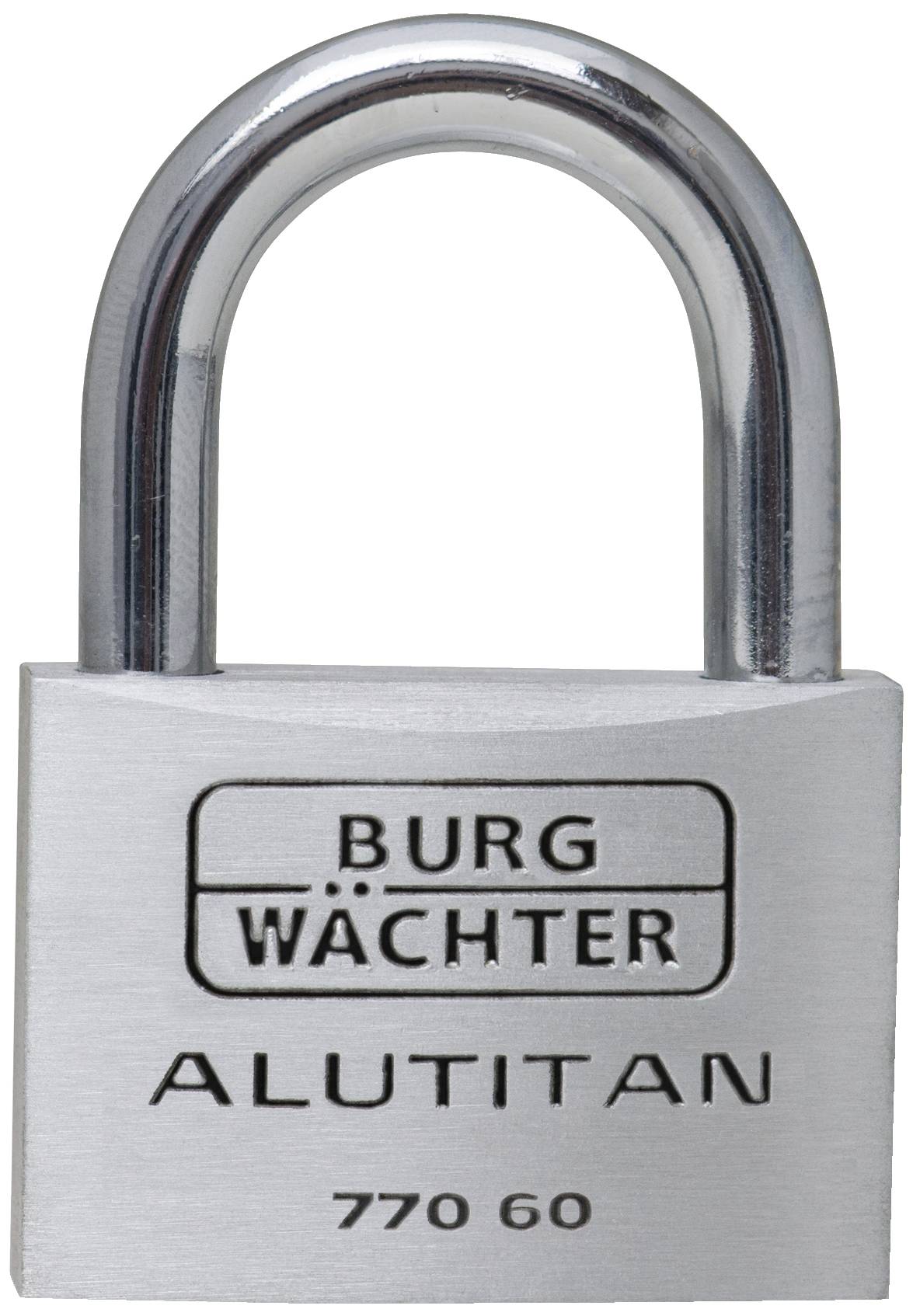 Ein silbernes Vorhängeschloss mit der Aufschrift 'BURG WÄCHTER ALUTITAN 770 60'.