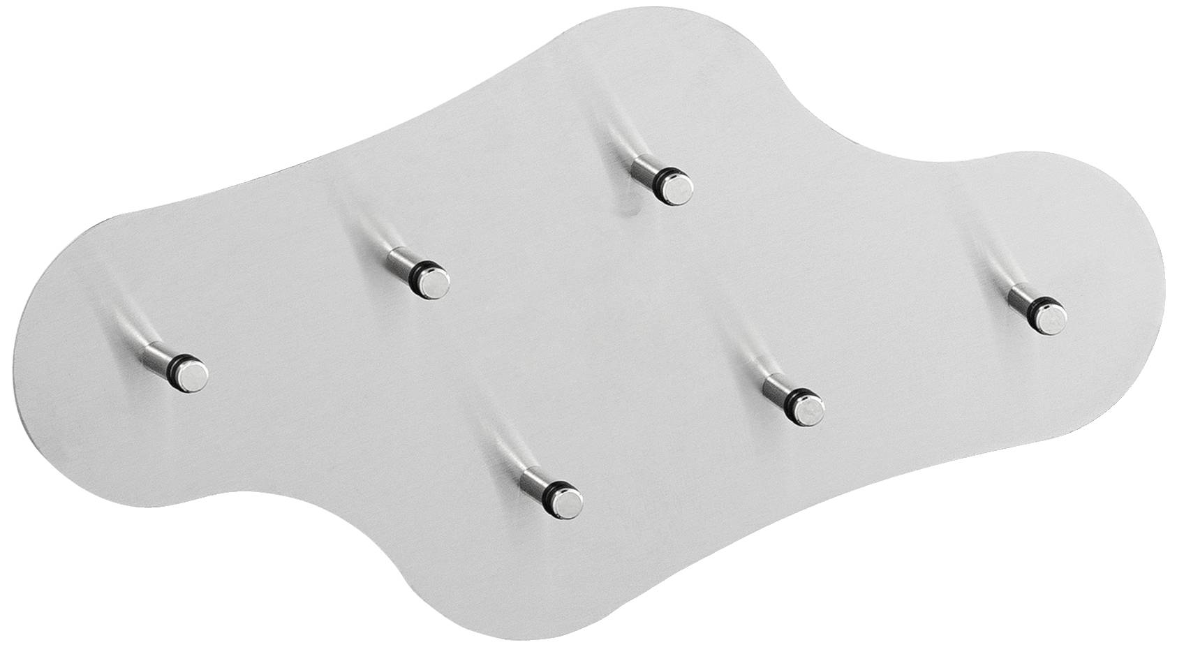 Silberne Wandhakenleiste mit sechs Haken auf wellenförmiger Platte. Ideal zum Aufhängen von Kleidung oder Accessoires.