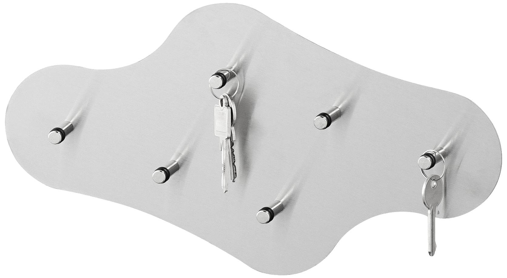 Schlüsselbrett aus Metall mit neun Haken, an dem zwei Schlüsselbunde hängen.