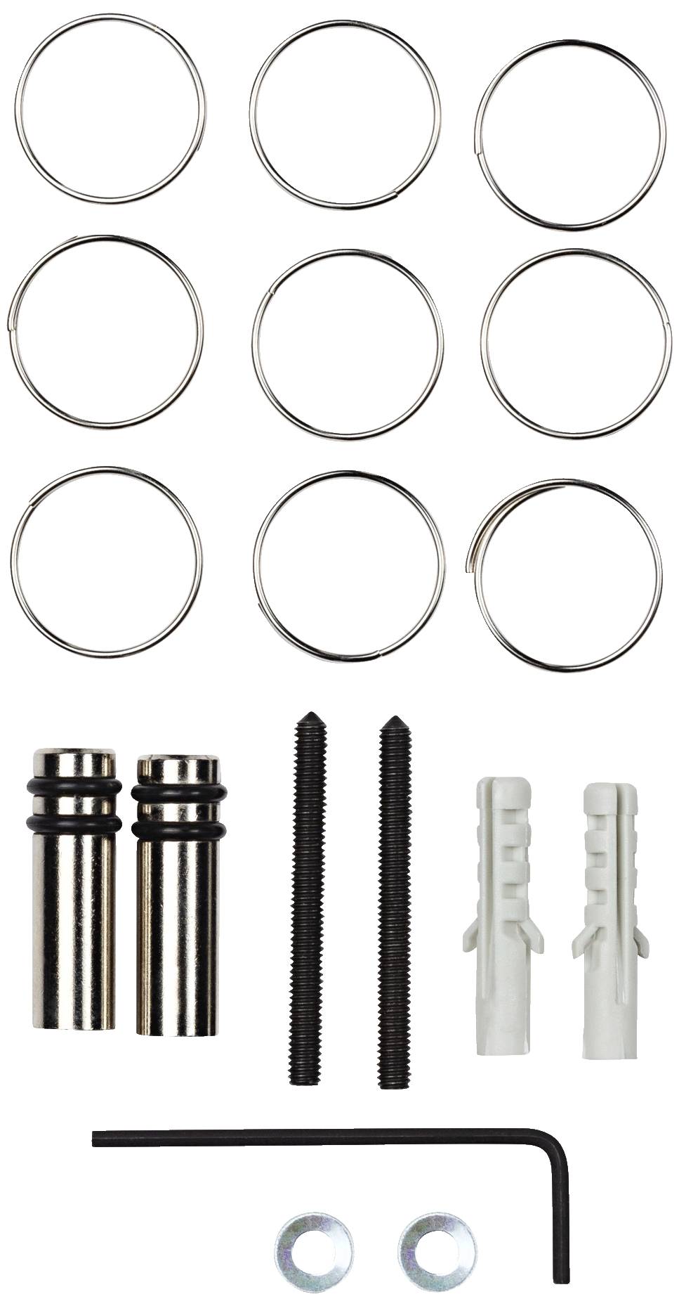 Ein Set aus Metallringen, zwei Metallzylindern, zwei Schrauben, zwei Dübeln, zwei Unterlegscheiben und einem Inbusschlüssel.