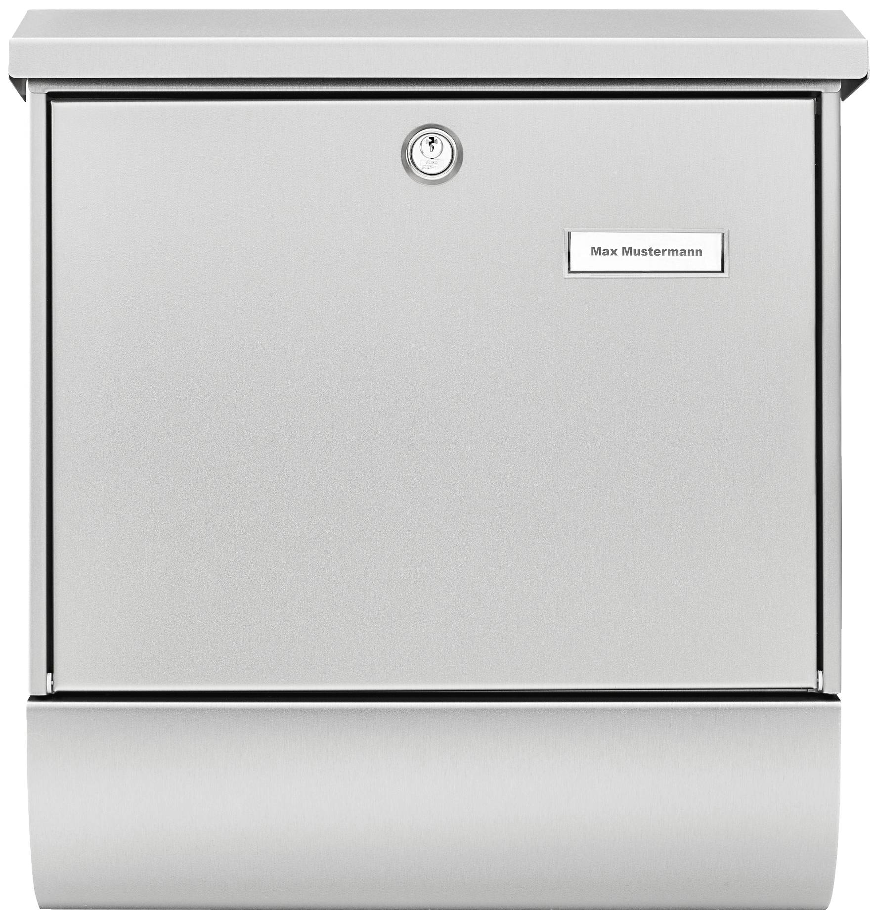 Silberner Briefkasten mit Schloss und Namensschild 'Max Mustermann'.
