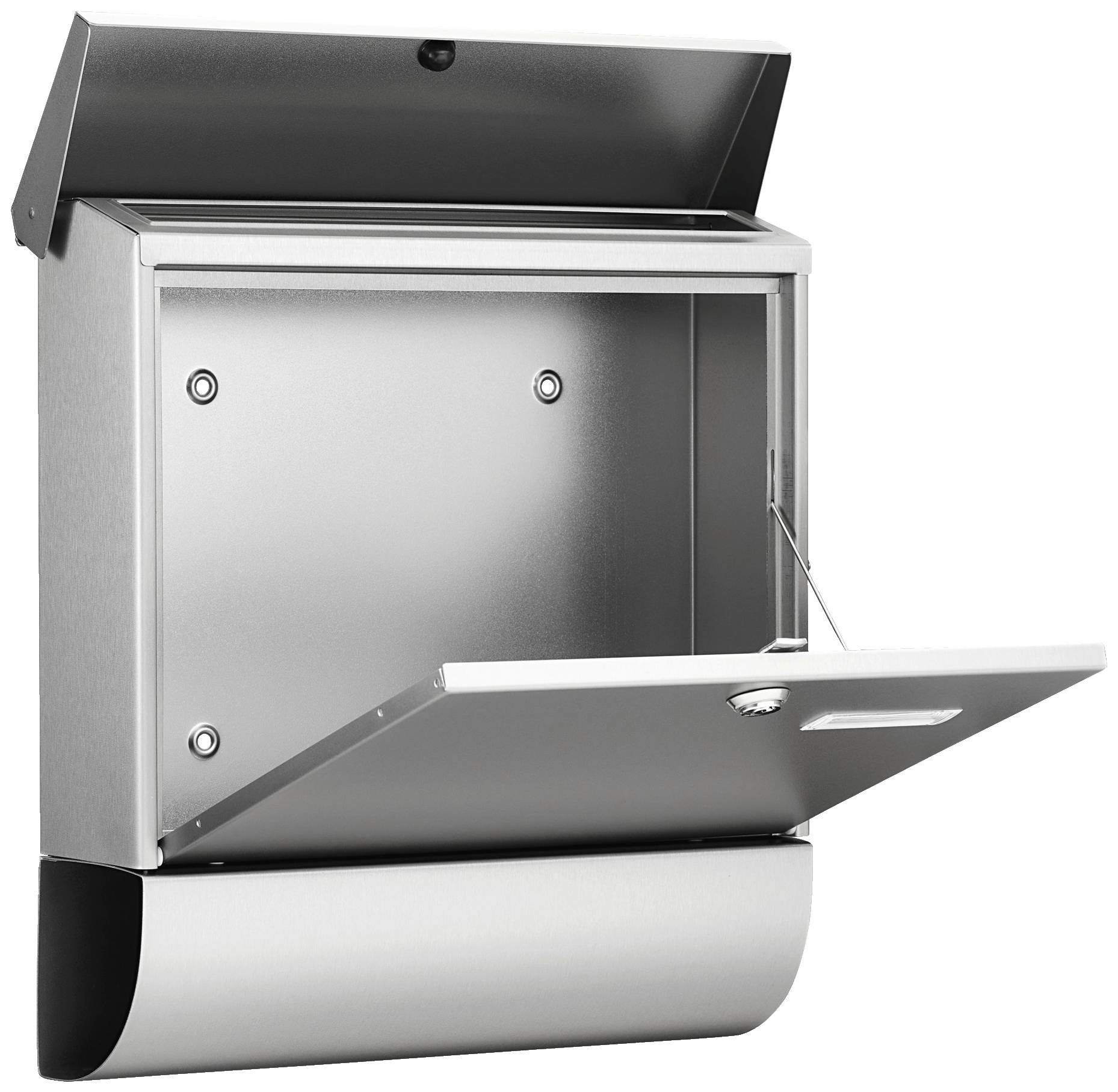 Ein offener Briefkasten aus Metall mit Klappe und Zeitungsrolle, montierbar an der Wand, modern und funktional gestaltet.