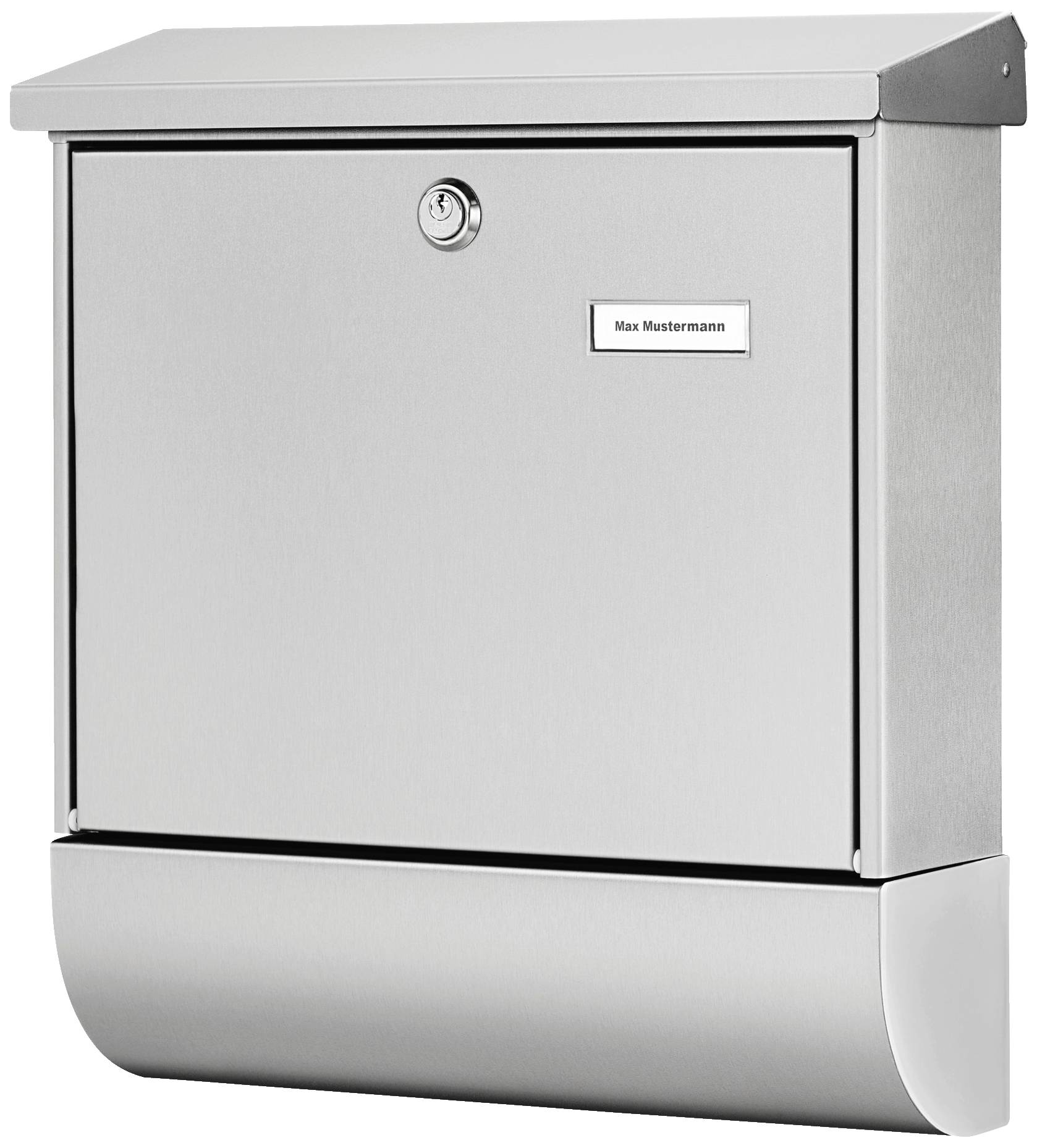 Silberner Briefkasten mit Namensschild 'Max Mustermann'. Schlichtes, modernes Design mit Schloss oben in einer häuslichen Umgebung.