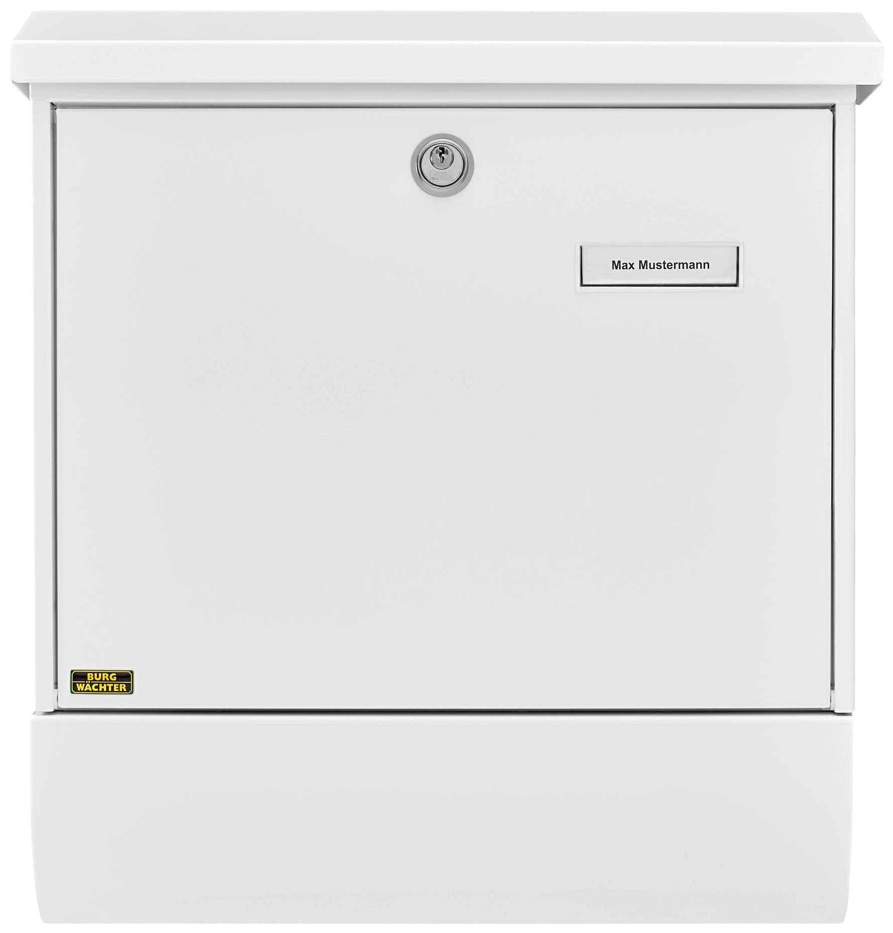 Weißer Briefkasten mit Schloss und Namensschild 'Max Mustermann'.