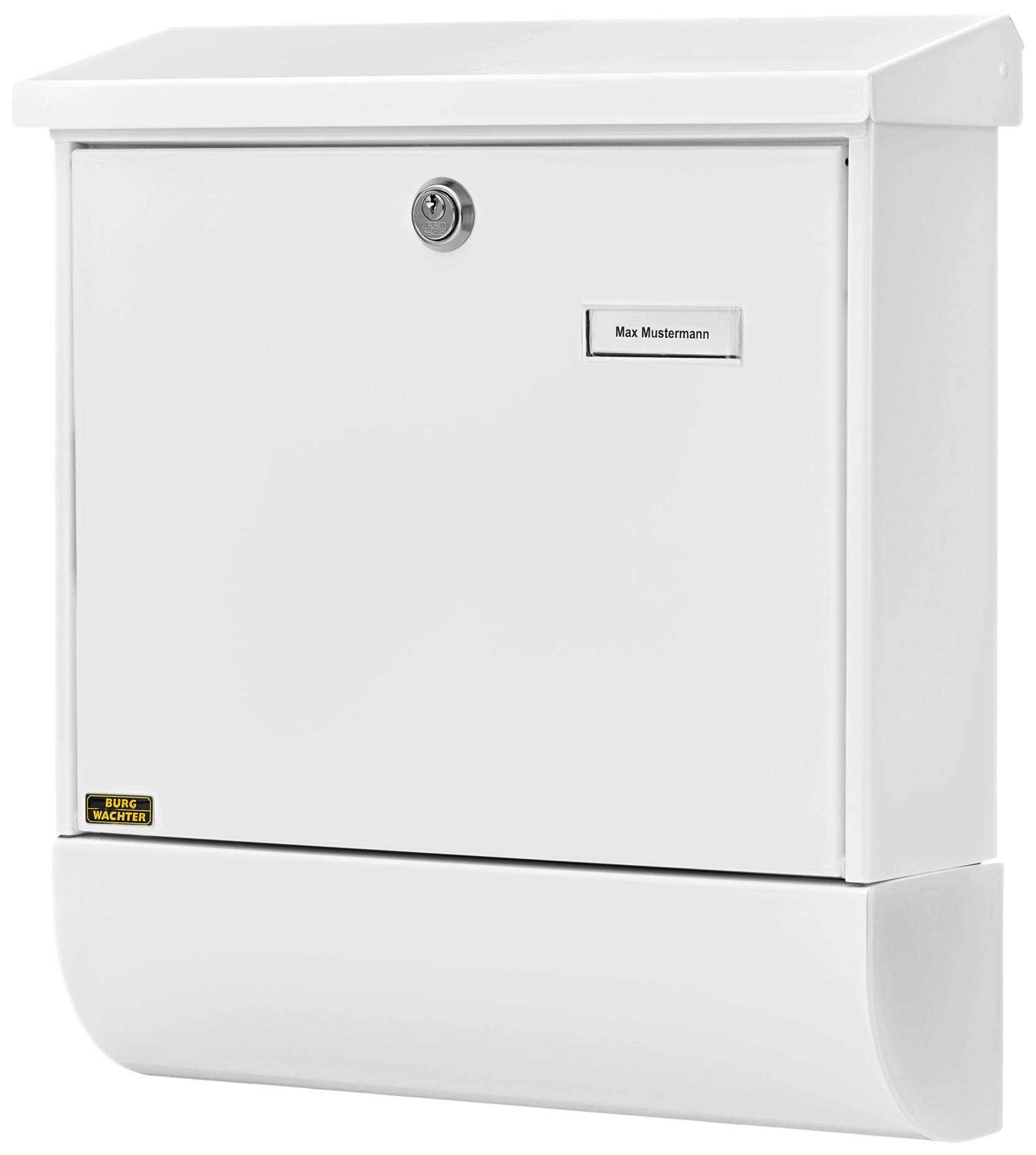 Ein weißer Briefkasten mit Namensschild 'Max Mustermann' und Schloss, rechteckige Form, geeignet für Außenbereich.