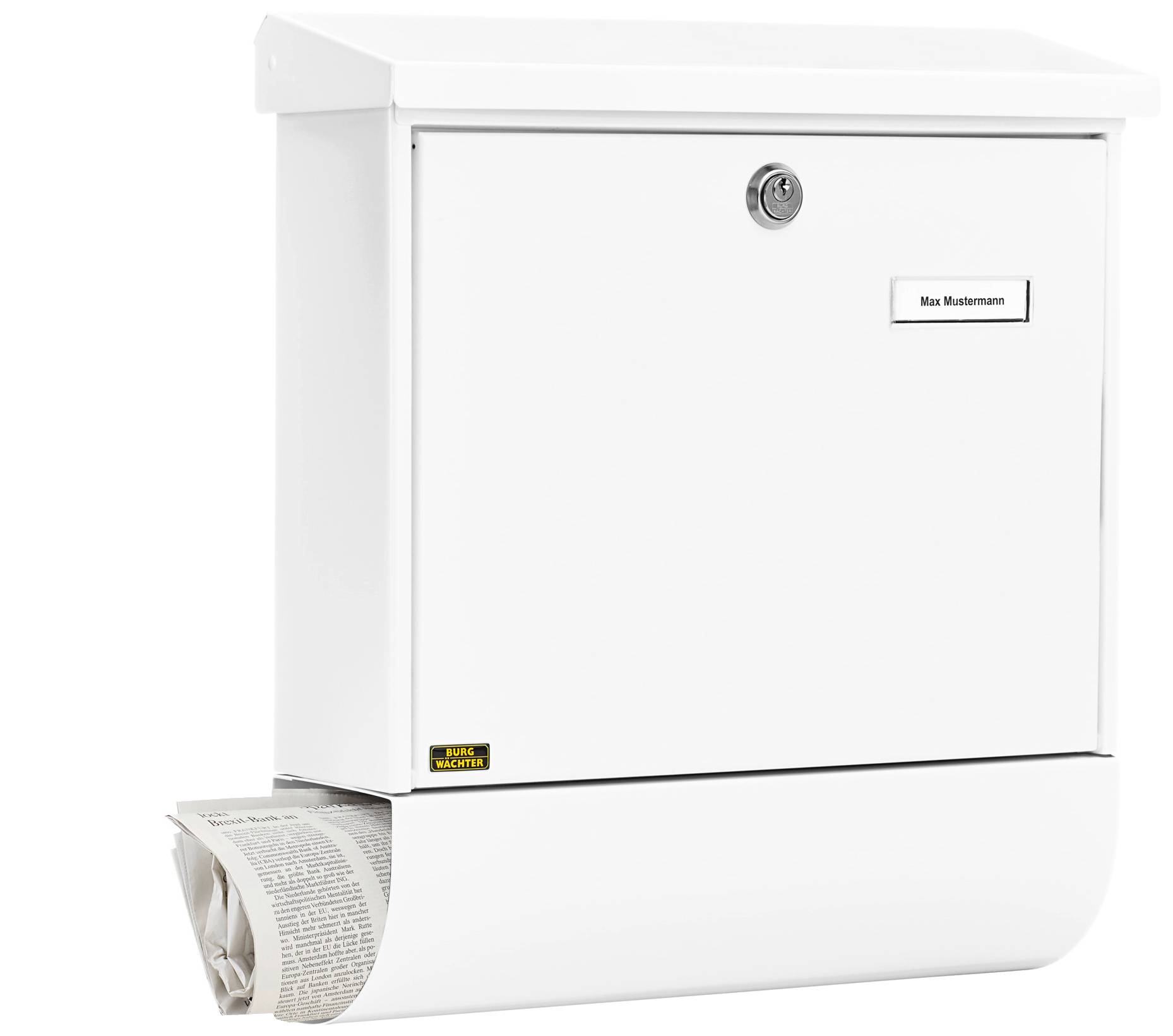 Ein weißer Briefkasten mit Zeitungsfach unten, Schloss in der Mitte und einem Namensschild 'Max Mustermann' oben rechts.