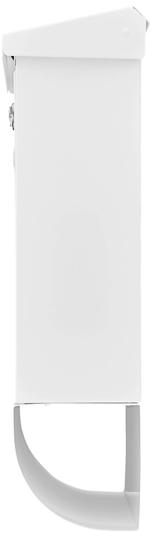 Eine weiße, rechteckige Struktur mit einer gebogenen Halterung an der Unterseite, vertikal ausgerichtet, vor weißem Hintergrund.