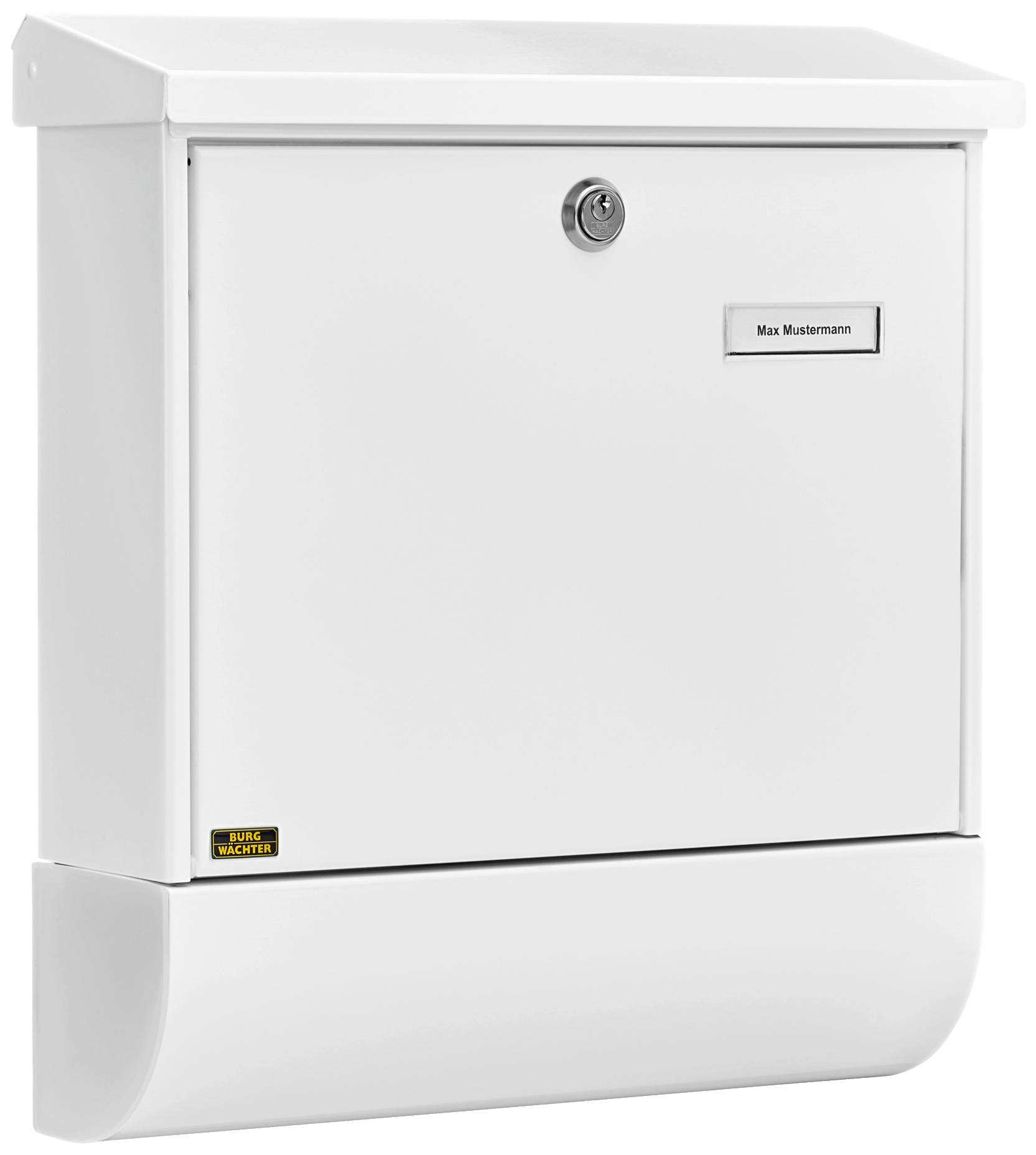 Ein weißer Briefkasten aus Metall mit Namensschild 'Max Mustermann' und einem Schloss in der Mitte.