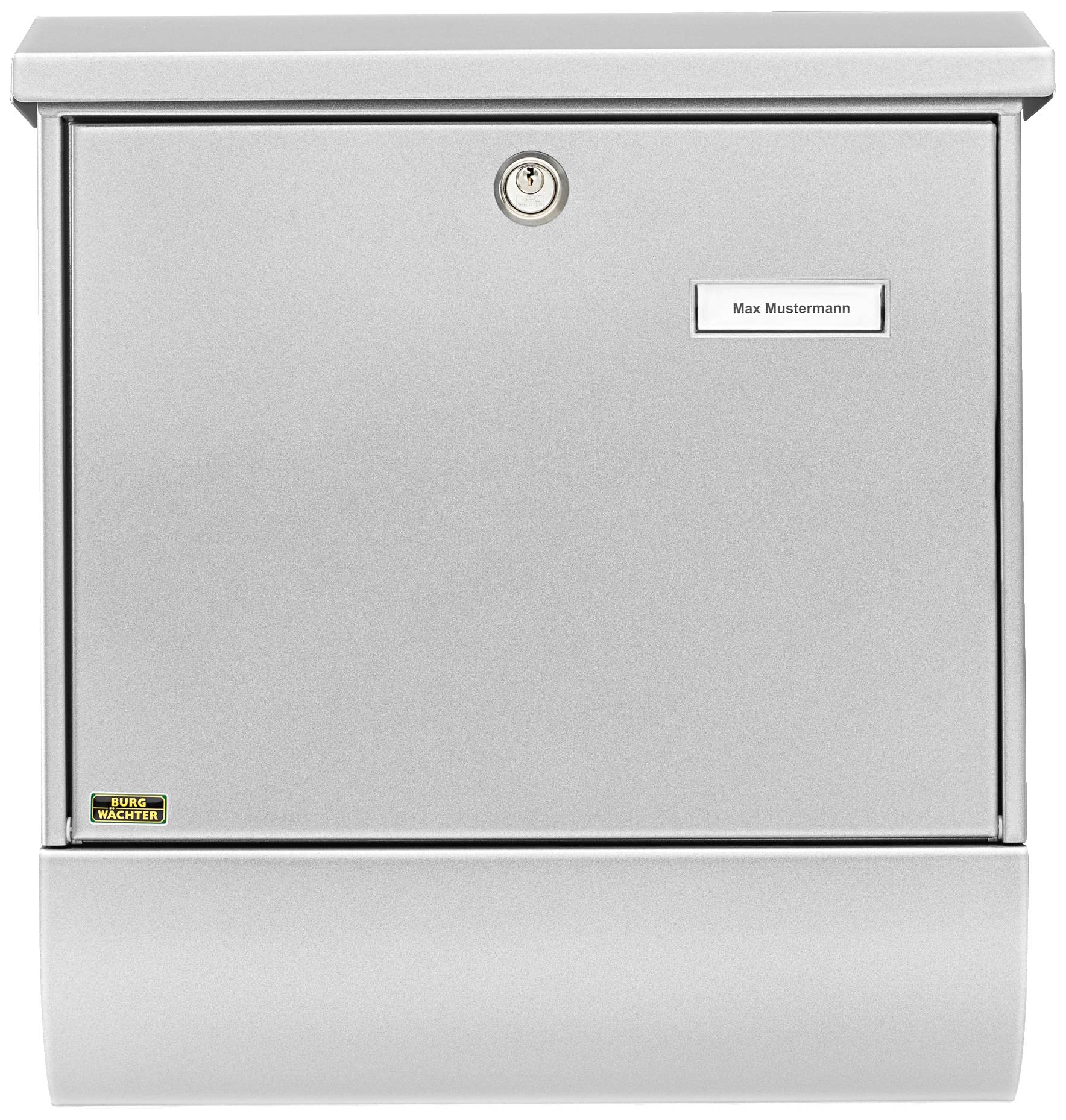 Grauer Briefkasten mit Namensschild 'Max Mustermann', zentralem Schloss oben und einem kleinen Logo links unten.