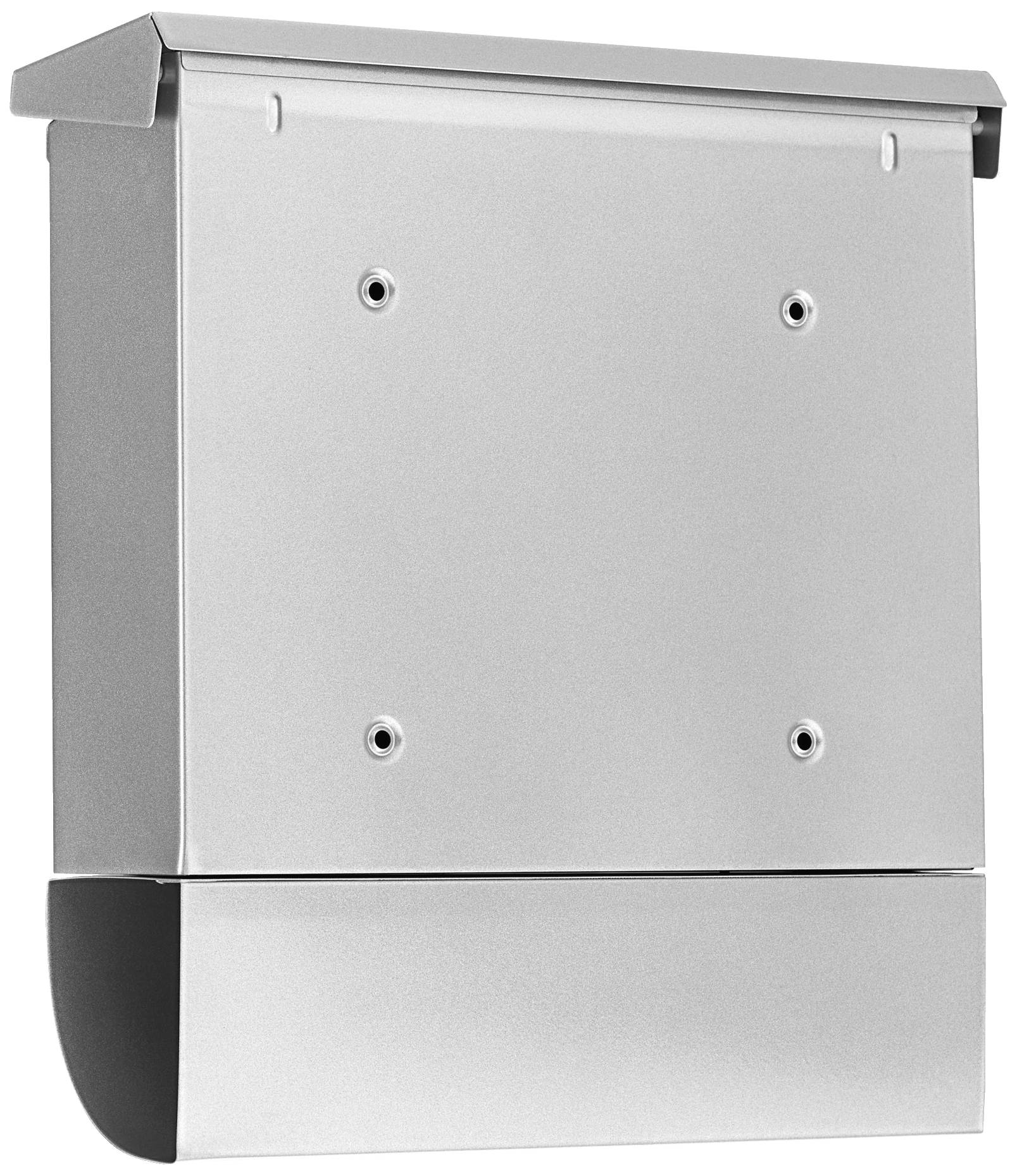 Ein silberner, moderner Briefkasten aus Metall mit Zeitungshalter und Klappdeckel, für die Wandmontage geeignet.