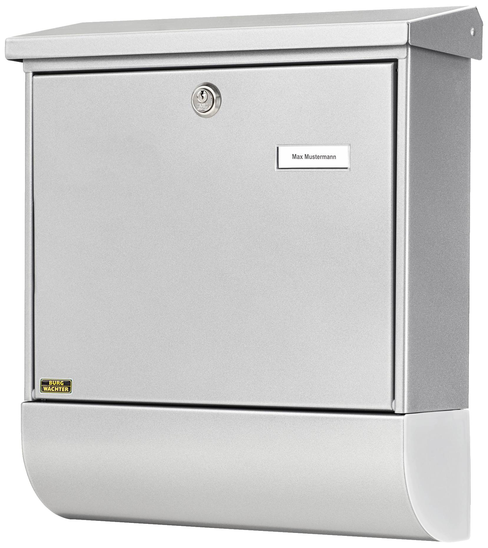 Silberner Briefkasten mit Schloss und Namensschild mit der Aufschrift 'Max Mustermann'.