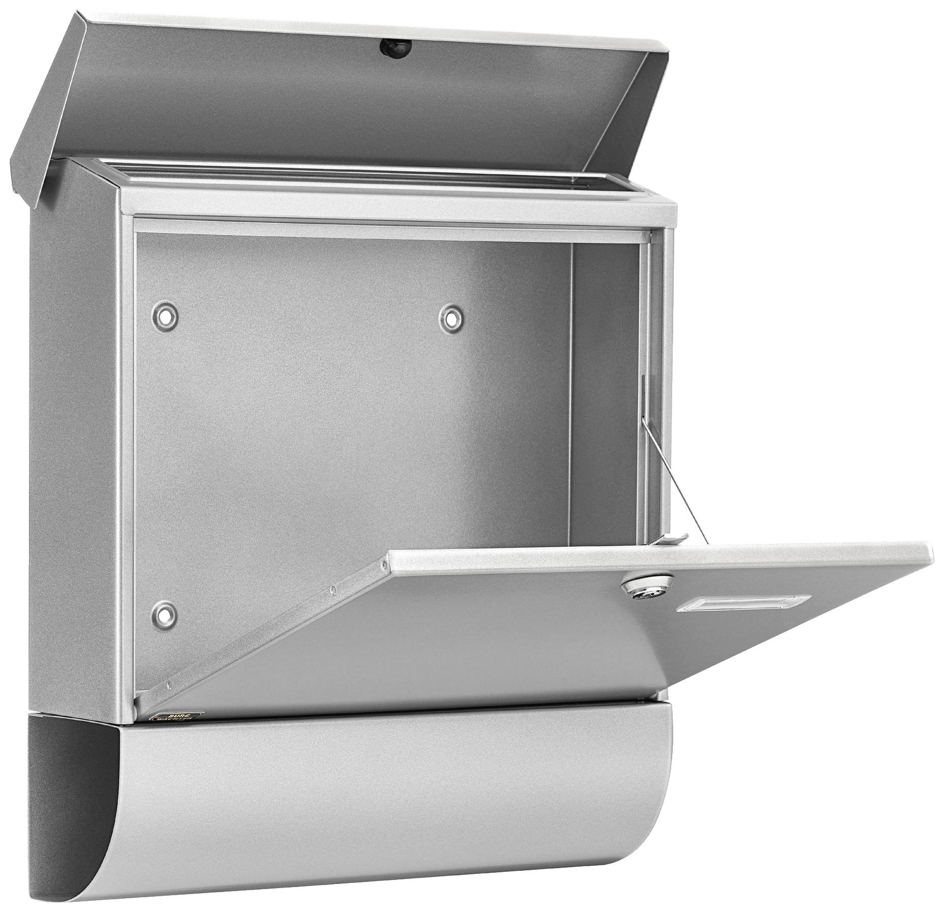 Silberner Wandbriefkasten mit geöffneter Klappe, zeigt den Innenraum. Entworfen mit modernem, minimalistischen Stil.