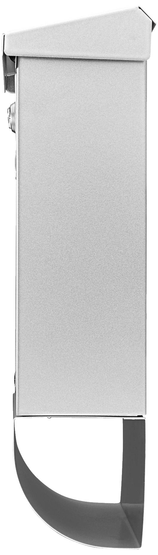 Ein schmaler, vertikaler, silberner Briefkasten mit abgeschrägtem Dach und einem gebogenen Zeitungsfach unterhalb.