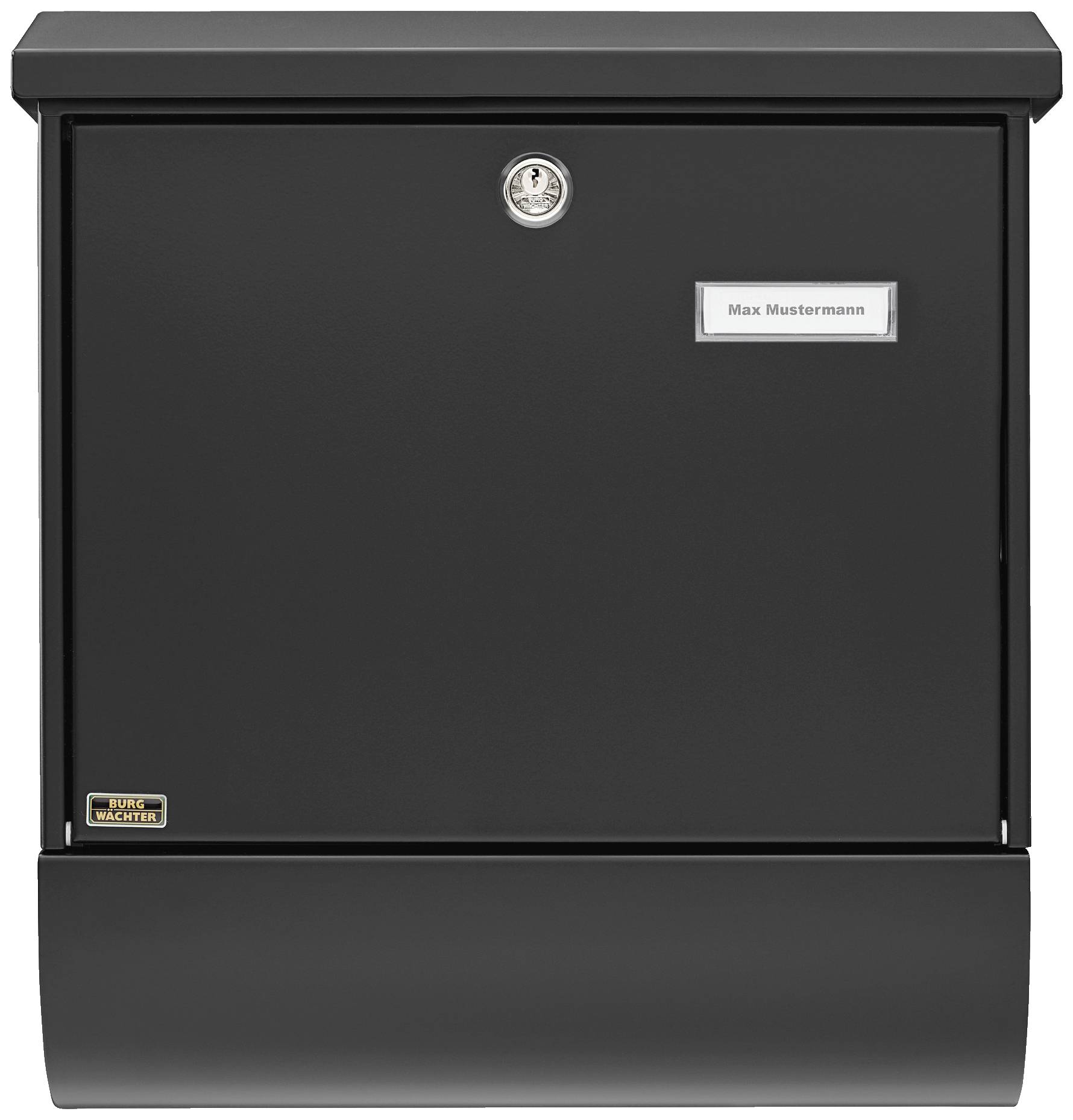 Ein schwarzer Briefkasten mit Namensschild 'Max Mustermann' und Schloss, montiert an einer Wand.