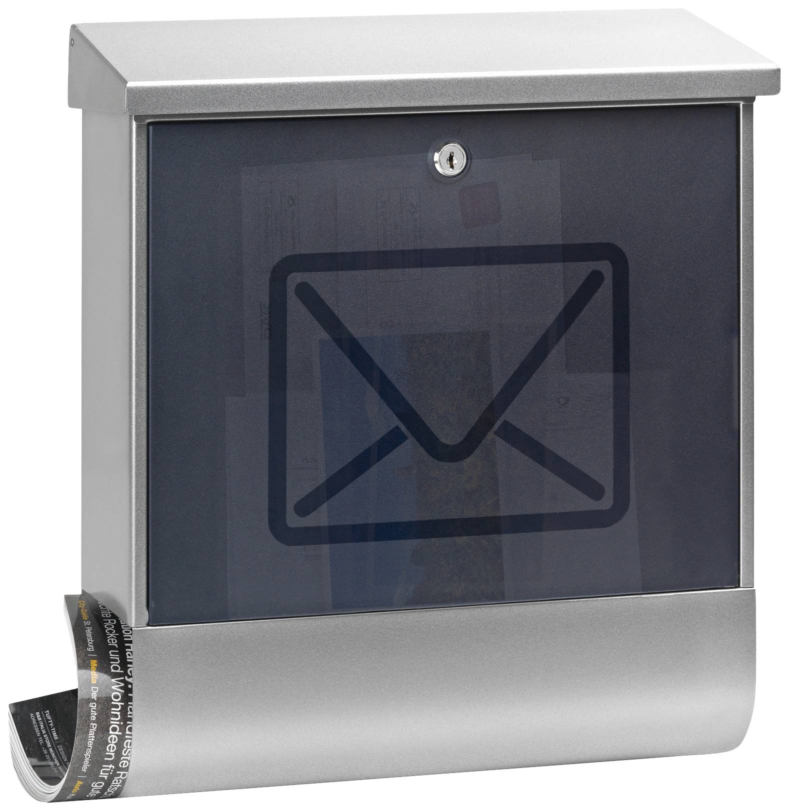 Silberner Briefkasten mit Sichtfenster, darin ein stilisierter Umschlag. Unten rechts ragt eine Zeitung heraus.