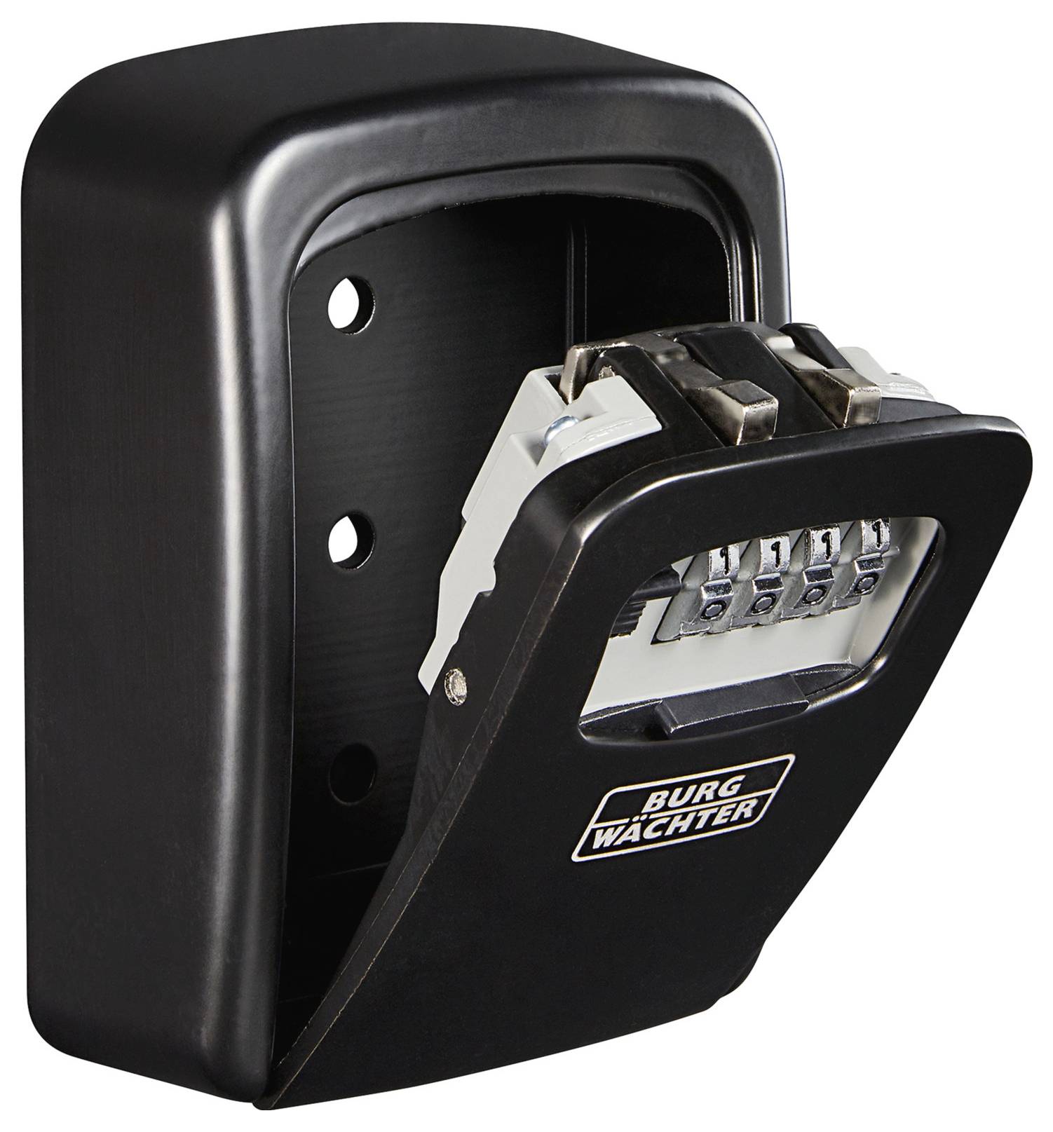 Schwarzer Schlüsselsafe mit Zahlenschloss, halb geöffnet, zeigt Zahlenwalzen und das Logo 'Burg Wächter'.
