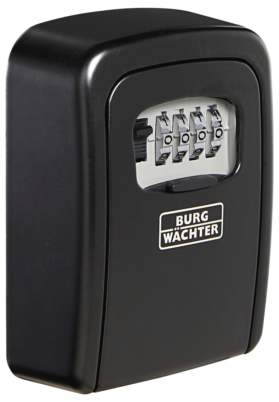 Schwarzer Schlüsselsafe mit vierstelliger Kombination, zeigt die Marke 'Burg Wächter'. Ideal zur sicheren Aufbewahrung von Schlüsseln.