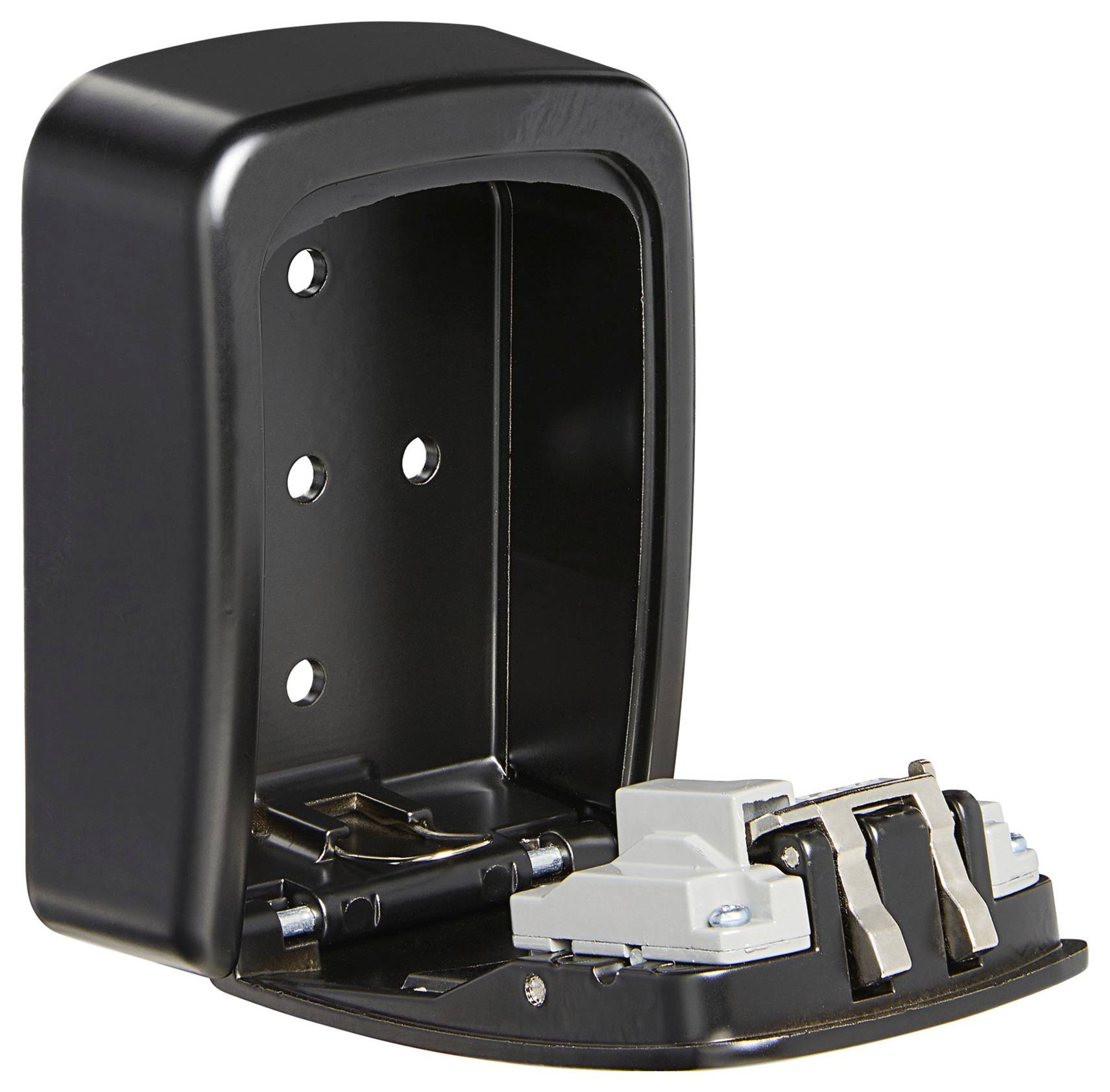 Schwarzer, leerer Safe mit offener Tür, zeigt innenliegende Befestigungslöcher und ein Schlossmechanismus.