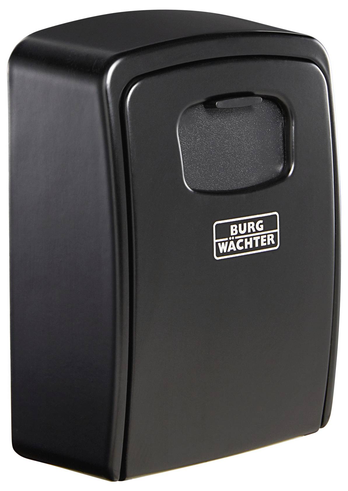 Schwarzer Briefkasten mit abgerundeten Ecken und einer Einwurfklappe. Die Aufschrift 'Burg Wächter' ist auf der Vorderseite zu lesen.