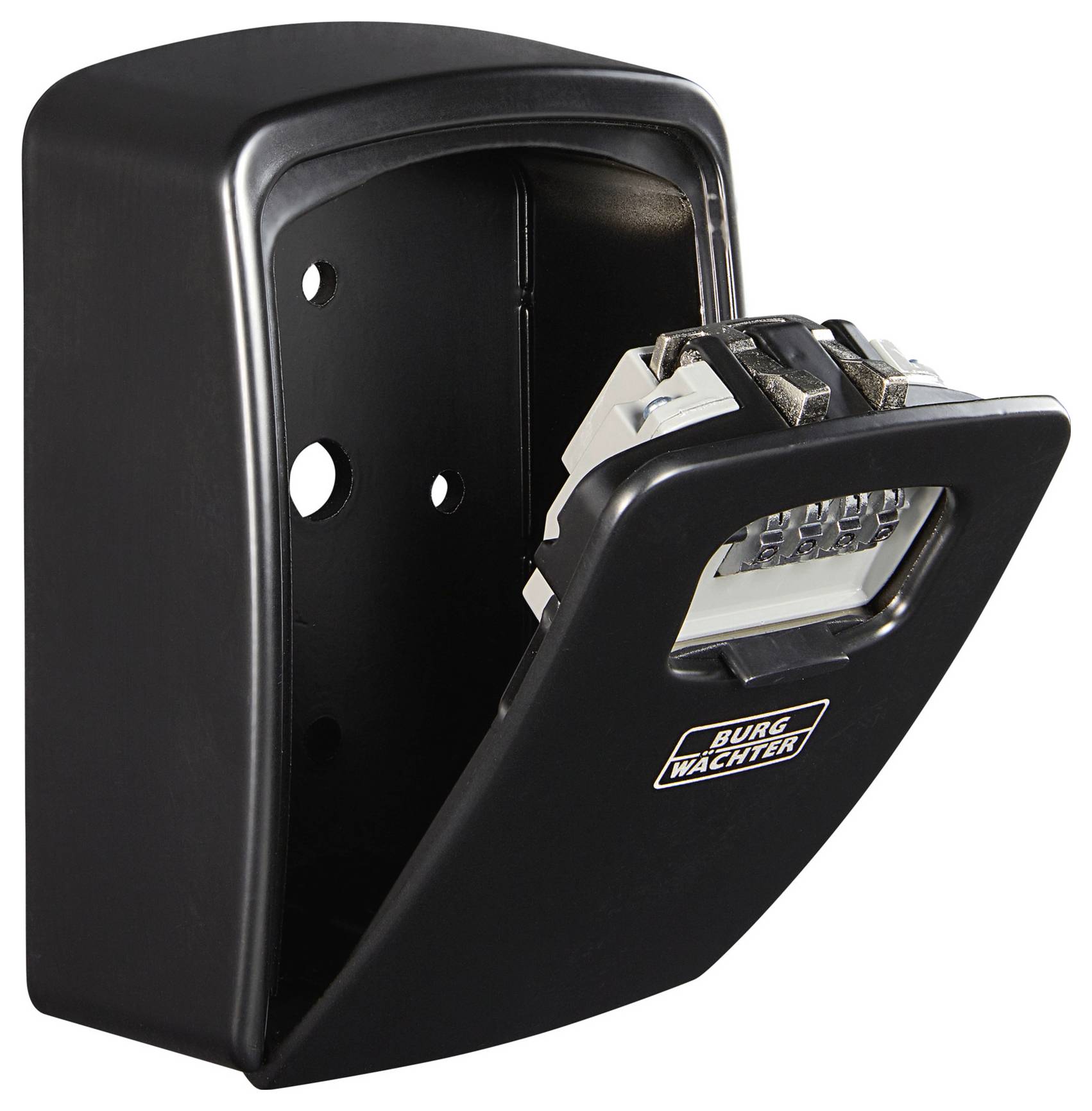 Ein schwarzer Schlüsselsafe mit Zahlencode von Burg Wächter ist an der Wand montiert. Die Frontabdeckung ist geöffnet, um das Zahlenschloss zu zeigen.
