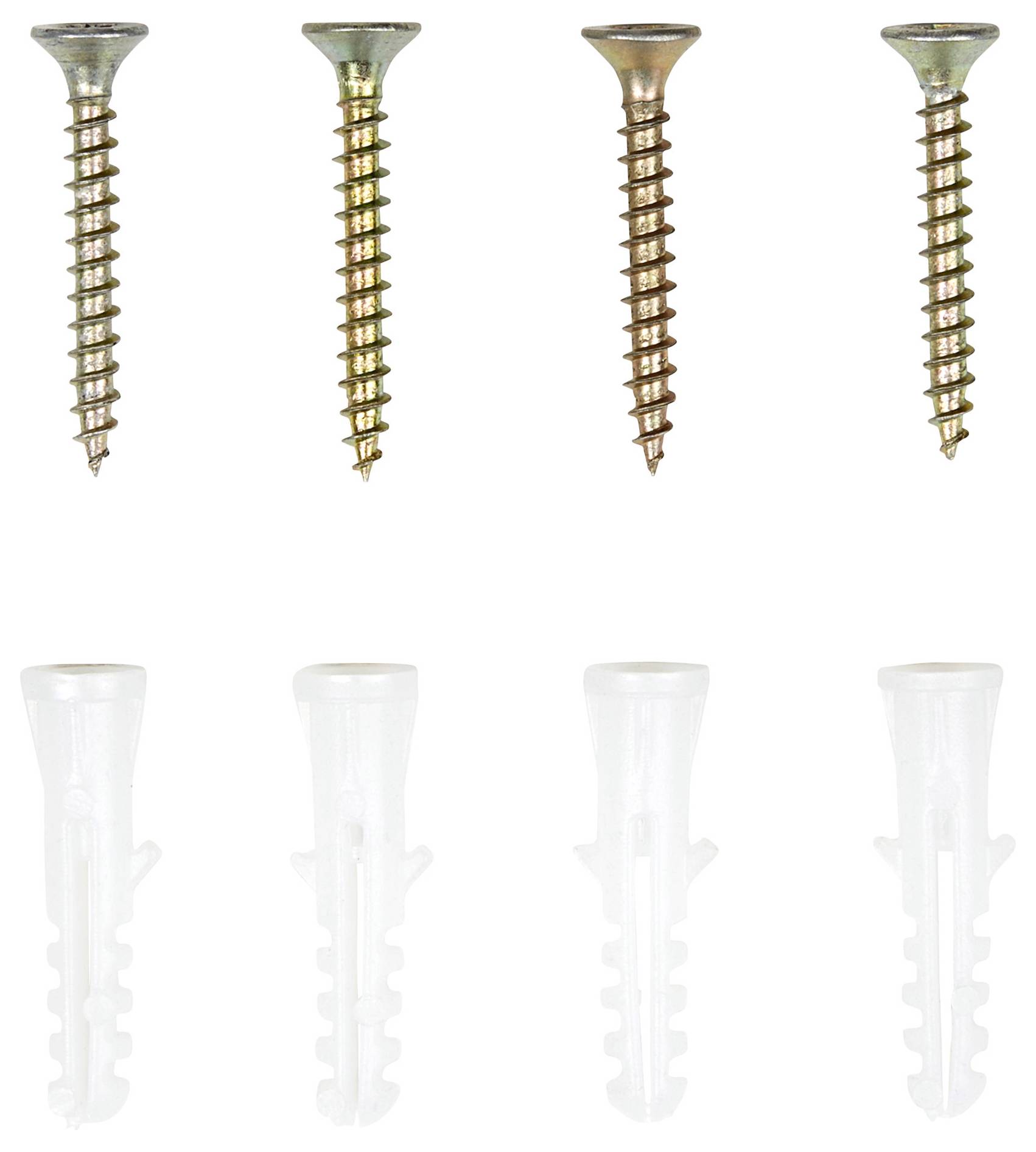 Sechs Schrauben oben und sechs weiße Dübel unten auf weißem Hintergrund.