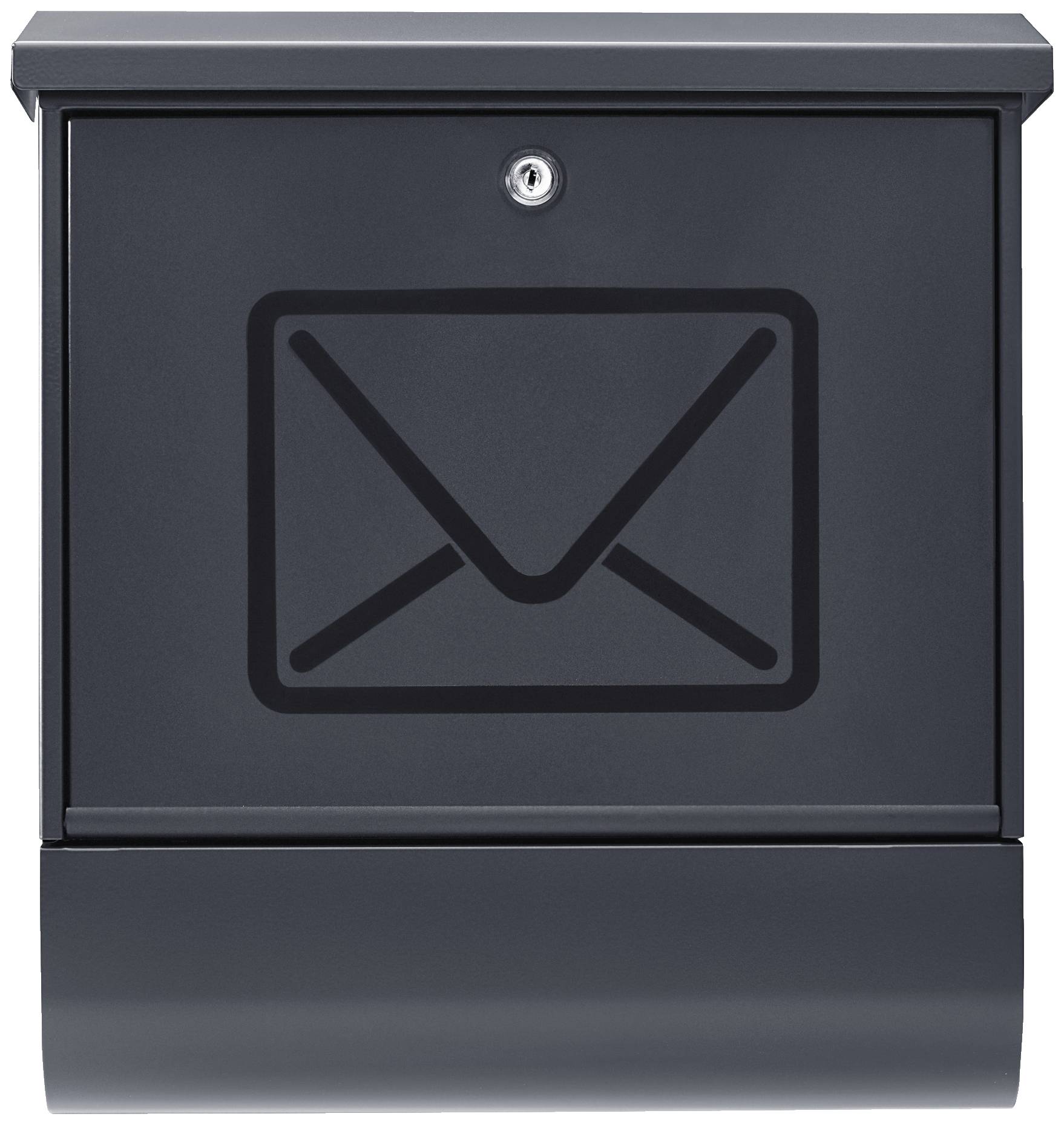 Ein schwarzer Briefkasten mit einem Briefsymbol auf der Front, zeigt an, dass Post eingeworfen werden kann.