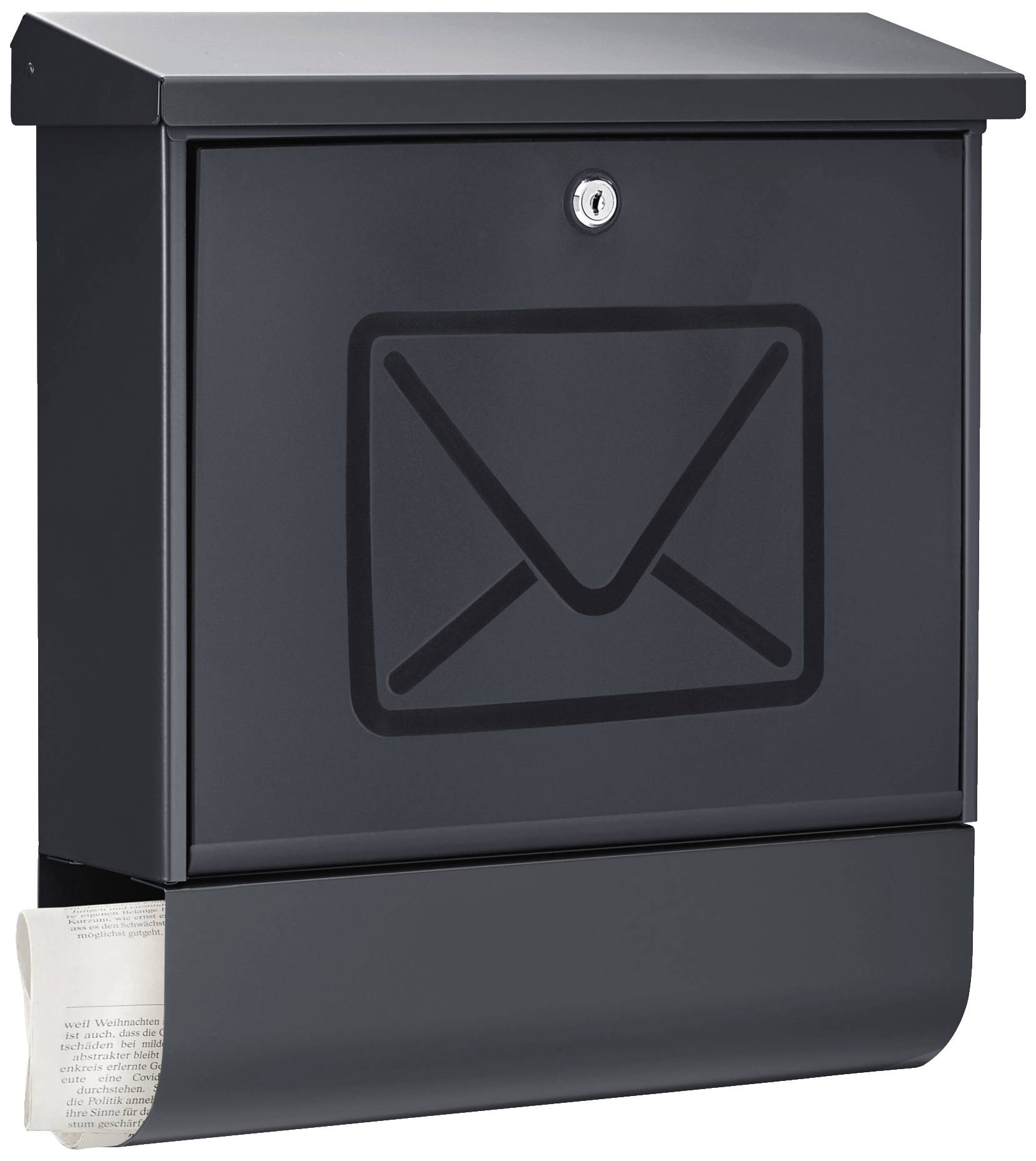Ein schwarzer Briefkasten mit einem Zeitungsfach unten. Auf der Vorderseite ist ein Symbol eines Briefumschlags abgebildet.