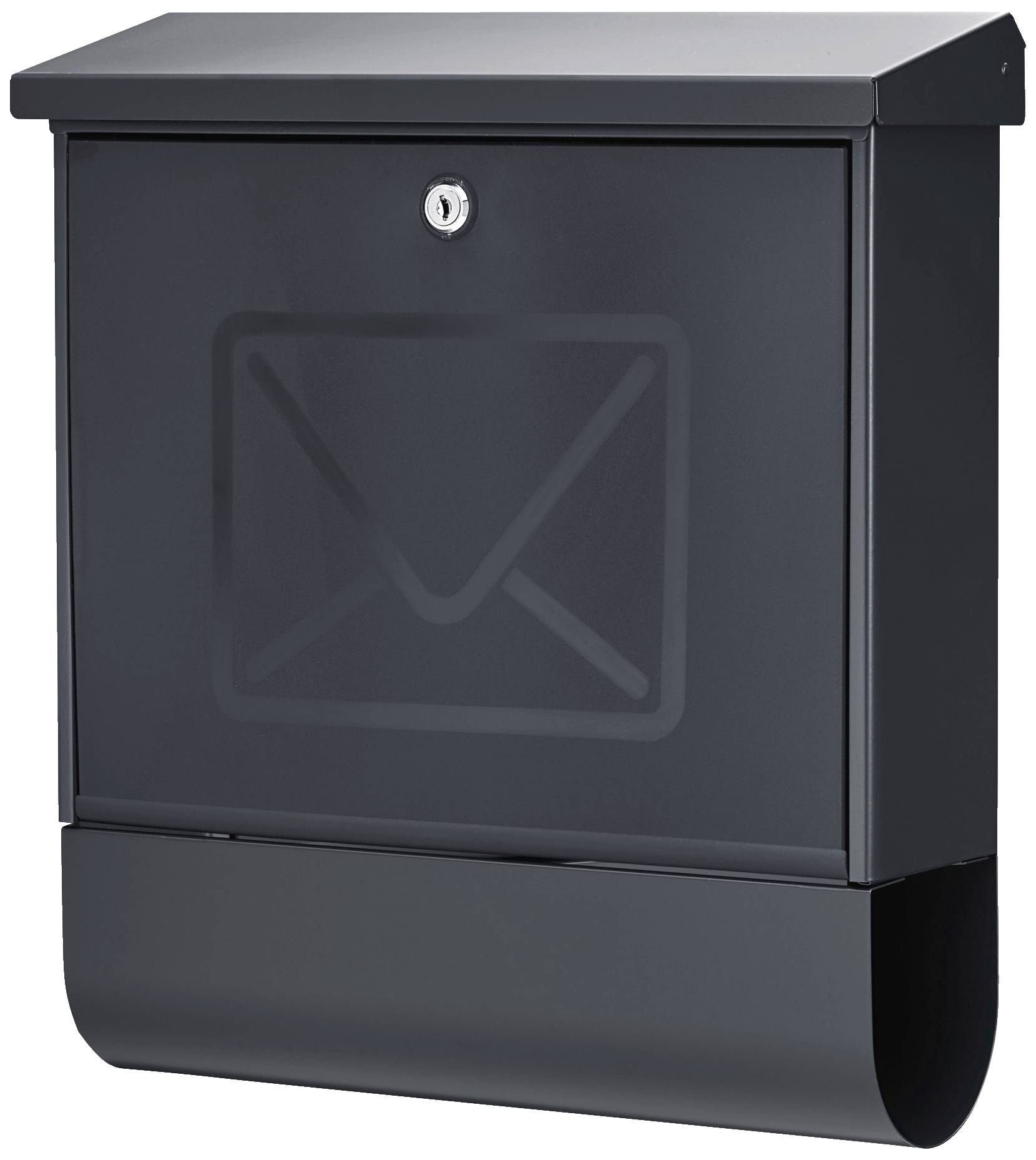 Schwarzer Briefkasten mit Schloss und geprägtem Umschlagsymbol auf der Vorderseite.