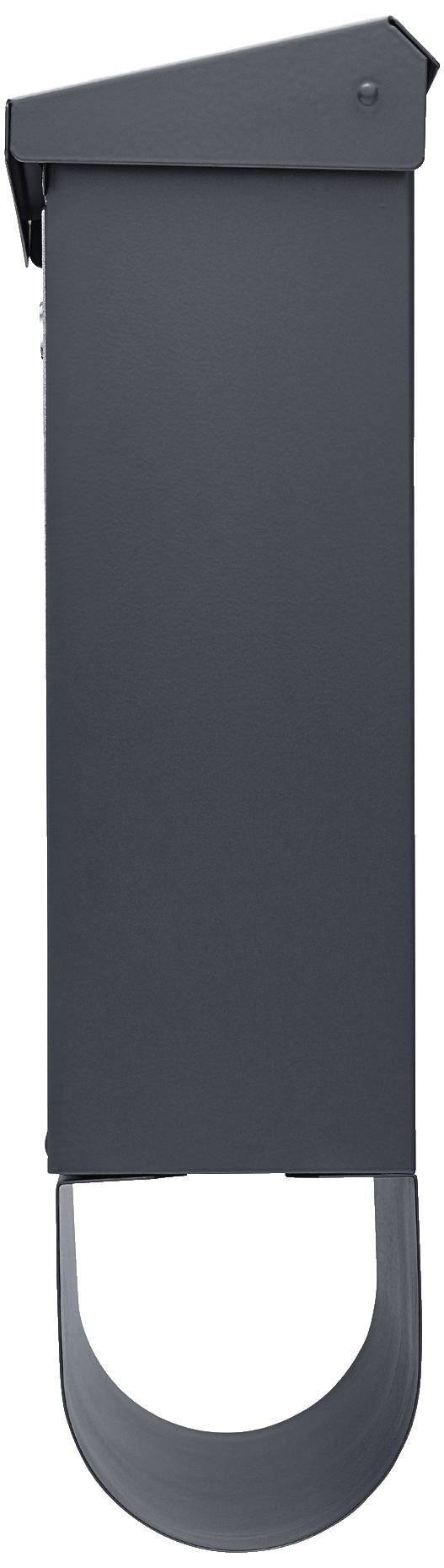 Ein moderner, schmaler, dunkelgrauer Briefkasten in seitlicher Ansicht, mit einem halbrunden unteren Griff.