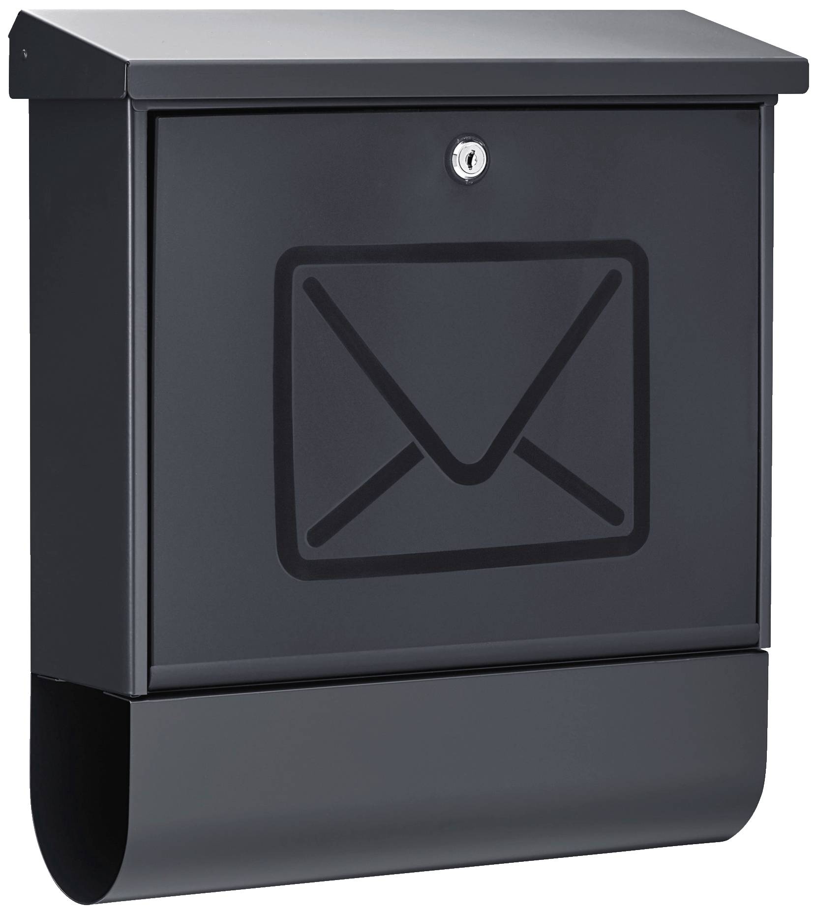 Schwarzer Briefkasten mit Schloss und großem Umschlagsymbol auf der Vorderseite.