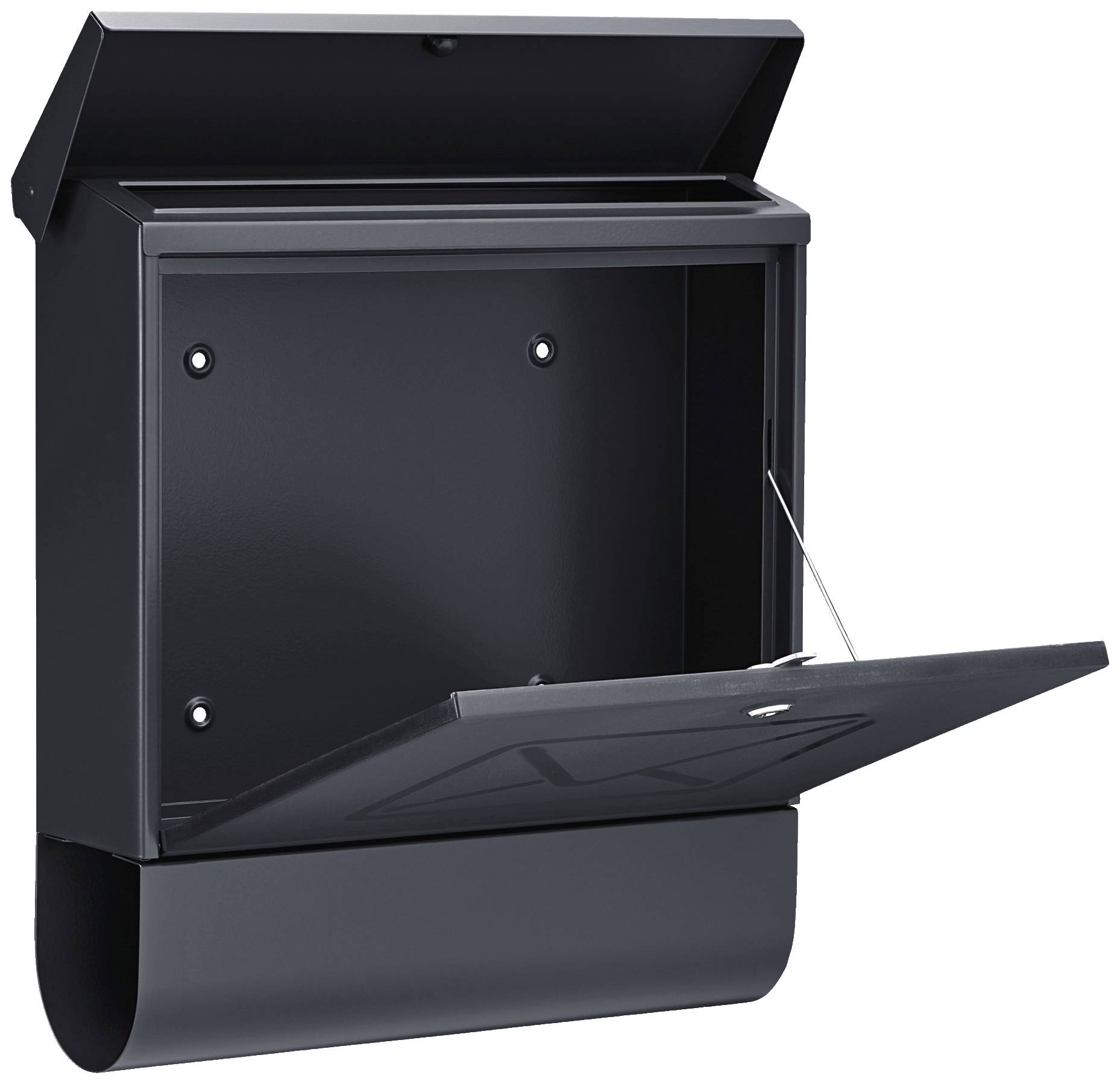 Ein schwarzer, offener Briefkasten mit Klappe und Zeitungsrolle unten.