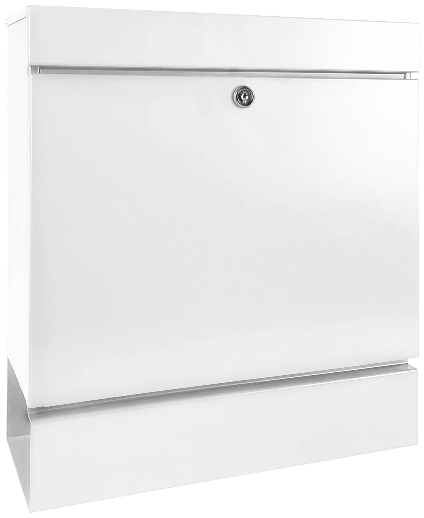 Ein weißer, verschlossener Briefkasten aus Metall mit einem Schlüssel im Schloss oben in der Mitte.