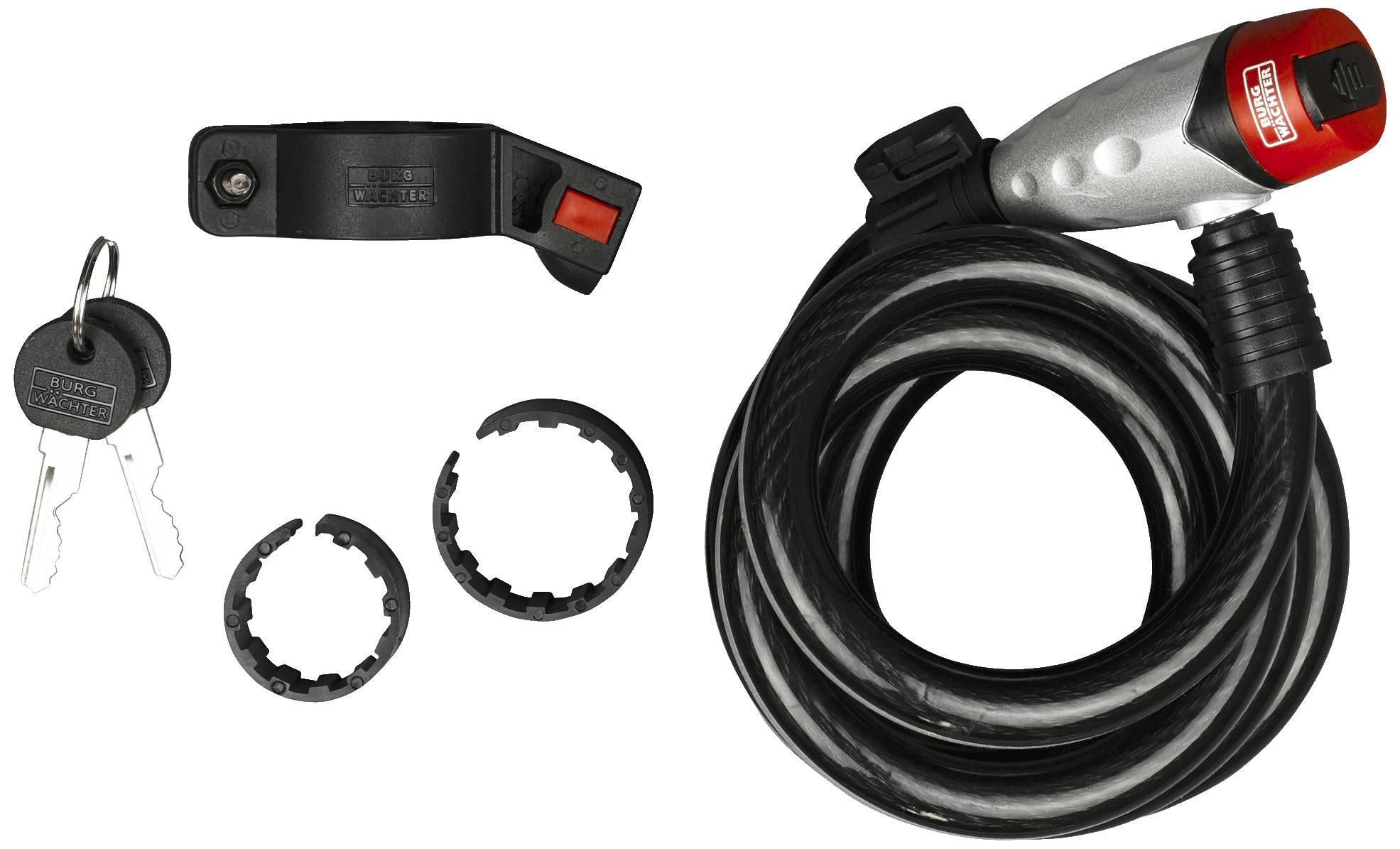 Fahrradschloss mit Spiralkabel, Halterung und zwei Schlüsseln. Das Schloss ist schwarz mit einem silber-roten Kopf.