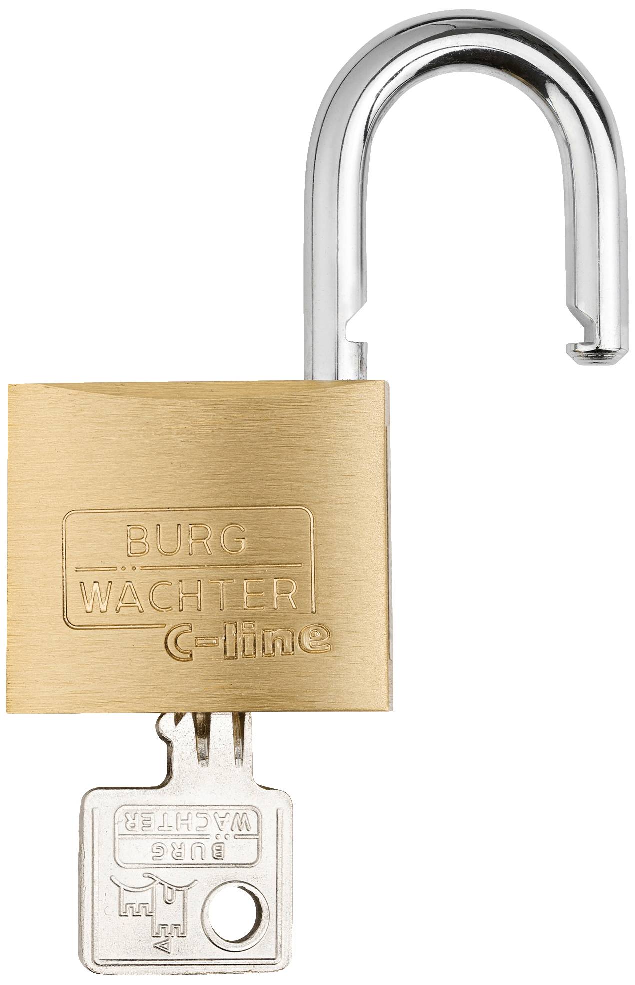 Offenes Vorhängeschloss aus Metall mit eingestecktem Schlüssel.