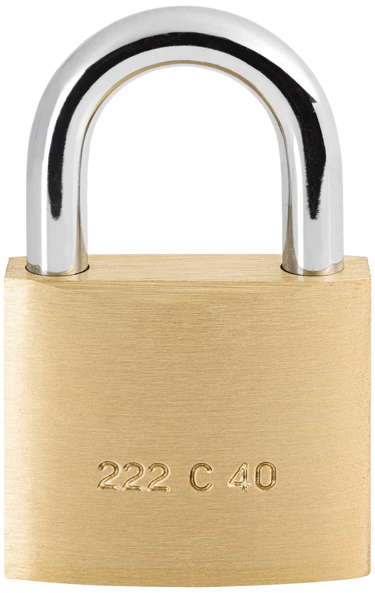 Ein solider Messing-Vorhängeschloss mit geprägter Nummer '222 C 40'.