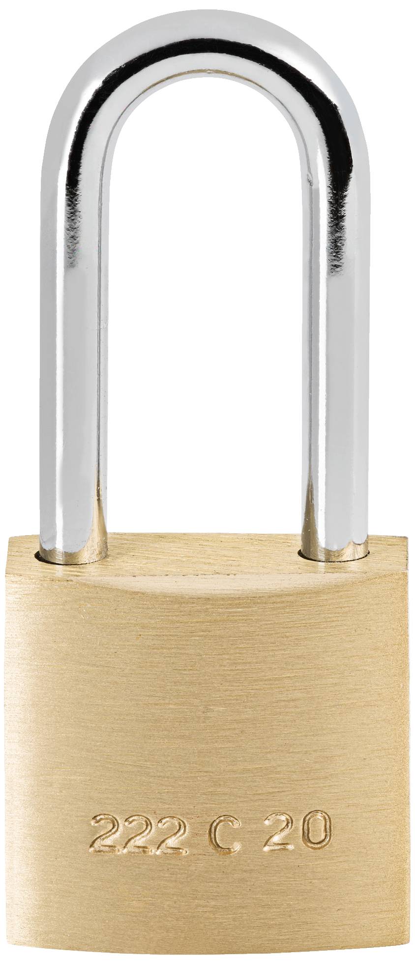 Ein Messingvorhängeschloss mit eingravierter Aufschrift '222 C 20', geschlossen.
