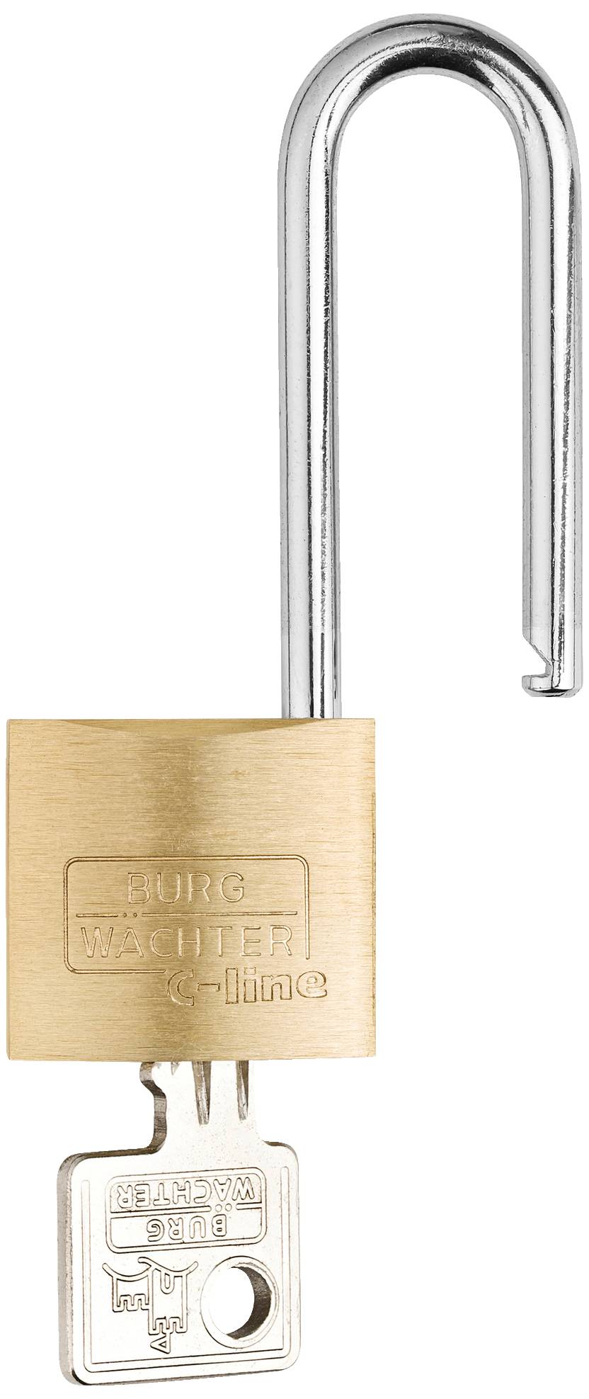 Offenes Vorhängeschloss aus Metall mit eingestecktem Schlüssel, symbolisiert Sicherheit oder Zugang.