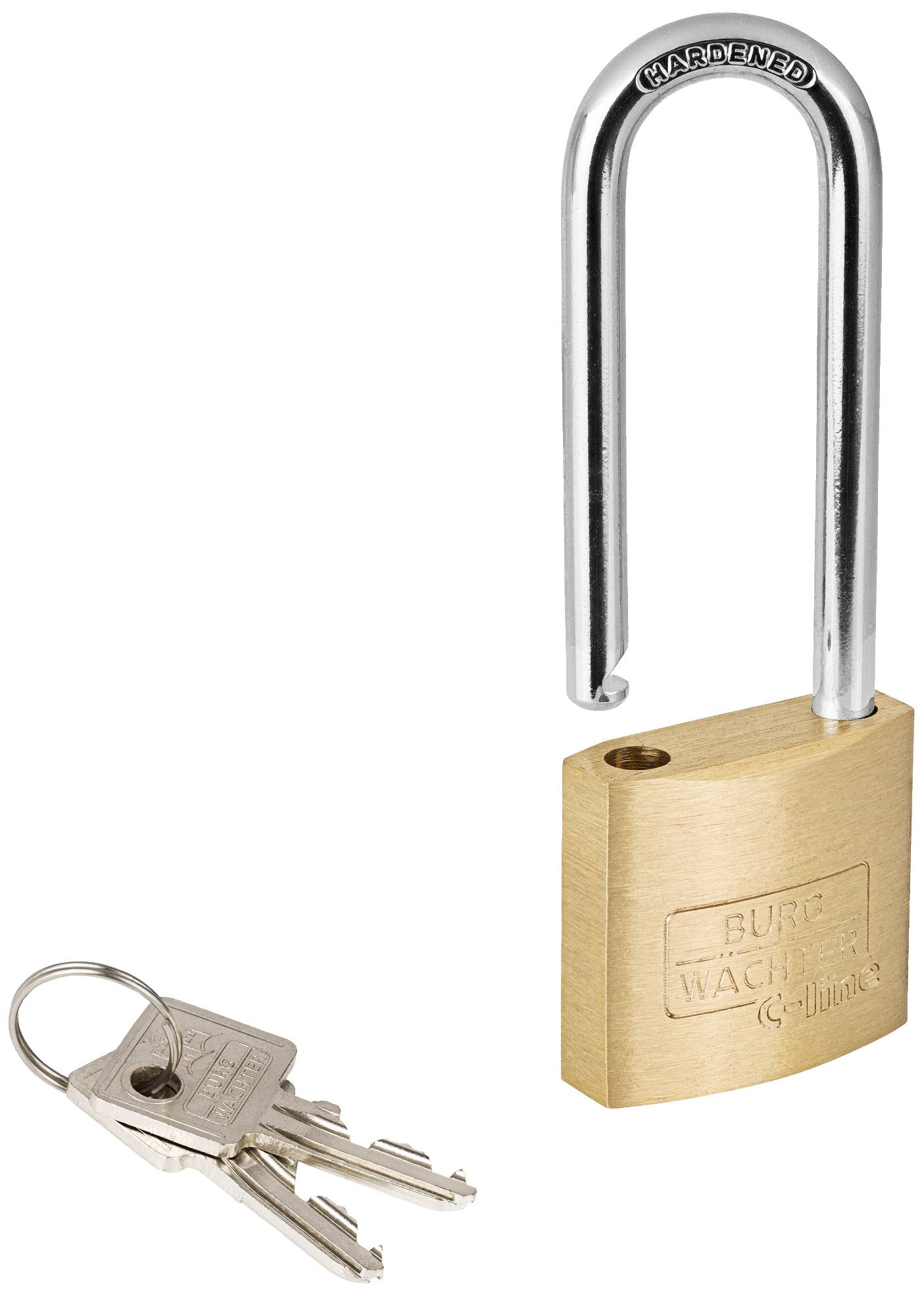 Ein offenes Vorhängeschloss aus Metall mit einem Satz von drei Schlüsseln daneben. Das Schloss ist vermutlich sicher und robust.