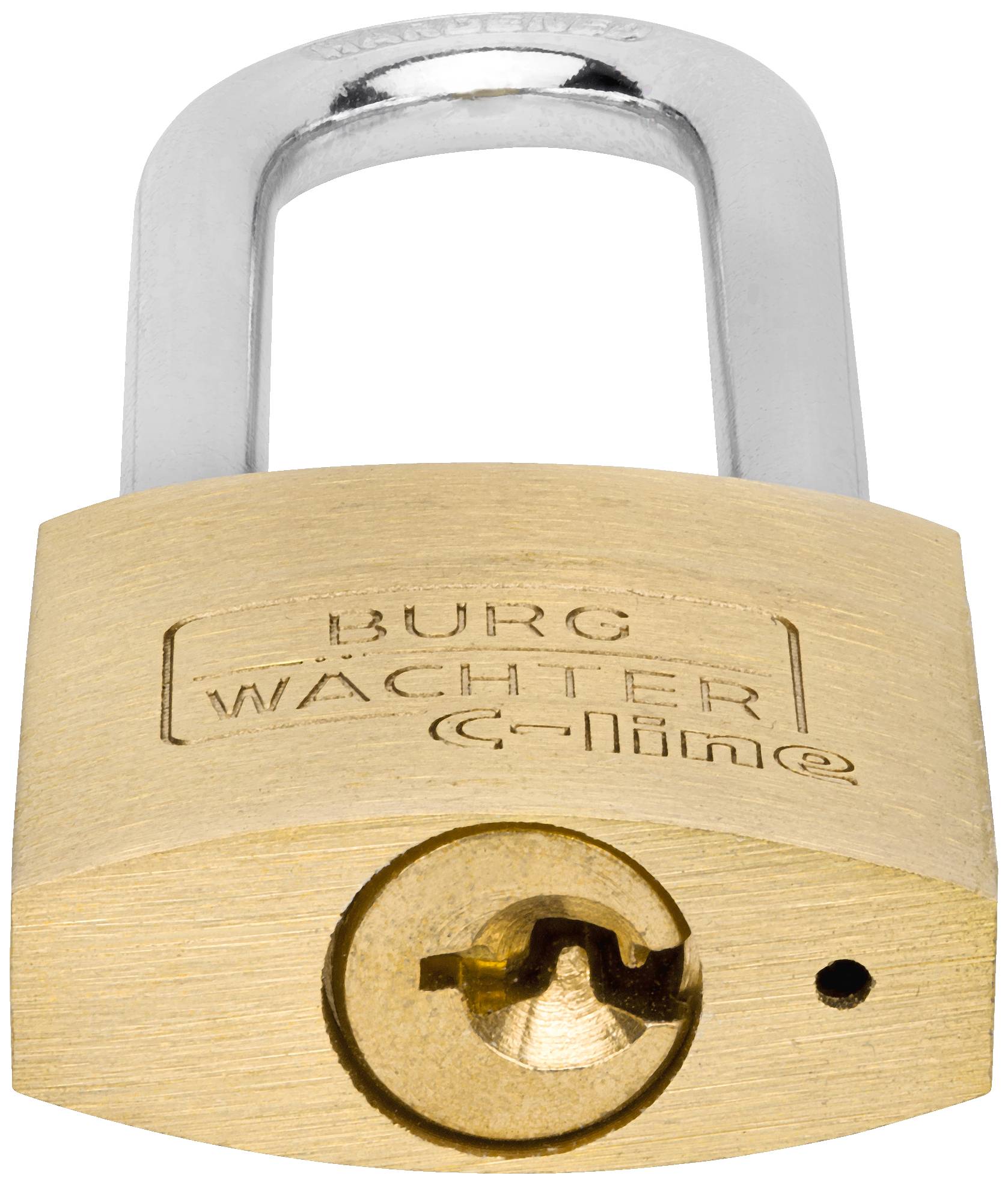 Goldfarbenes Vorhängeschloss mit silbernem Bügel, geprägt mit 'BURG WÄCHTER C-line'.