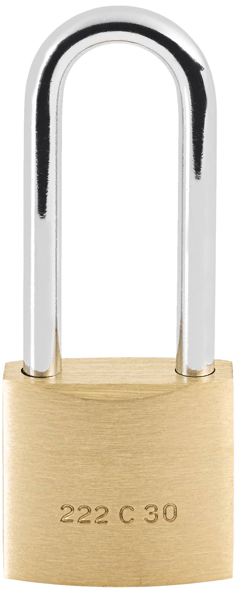 Ein messingfarbenes Vorhängeschloss mit der Gravur '222 C 30' unten auf dem Schlosskörper.