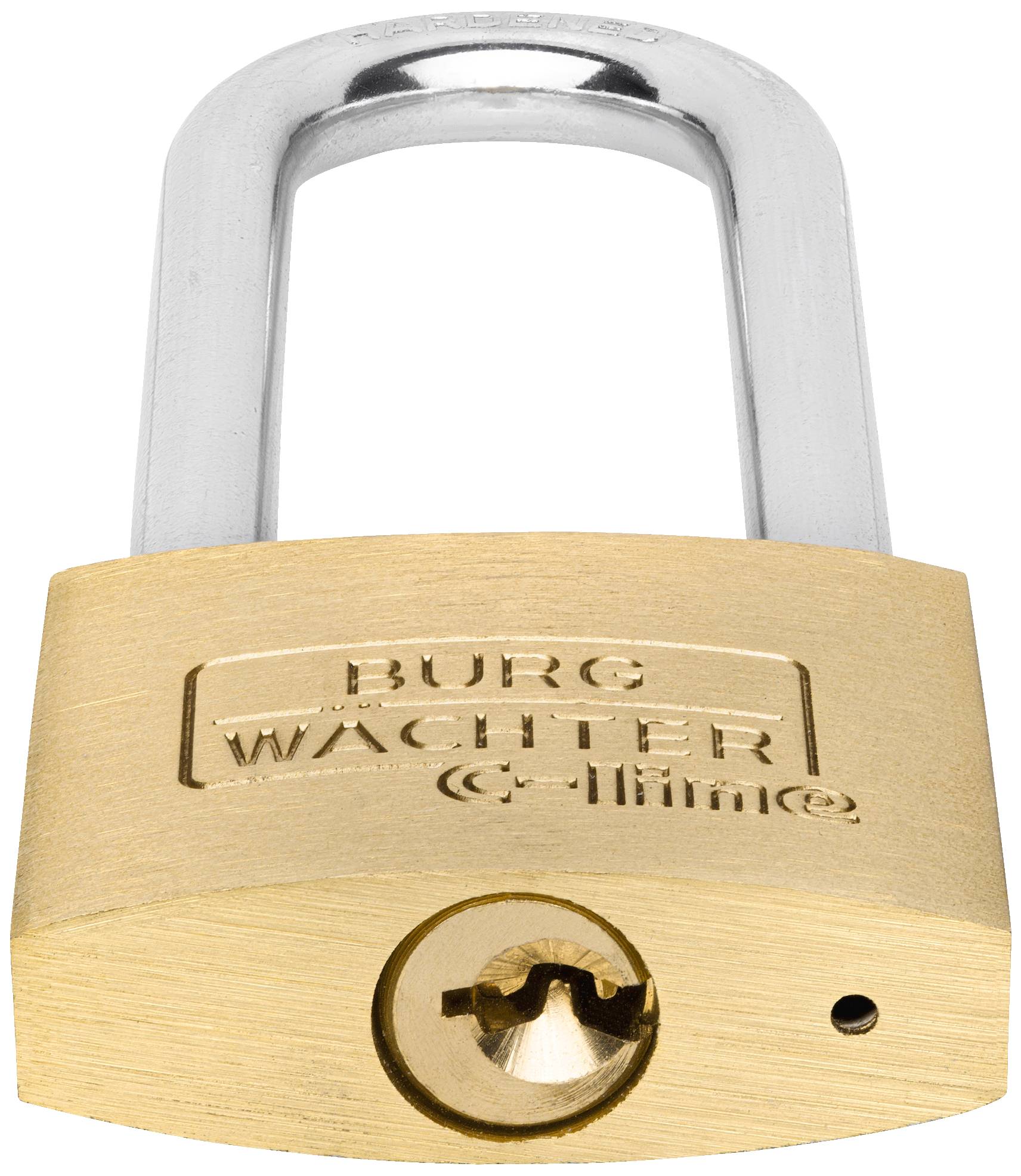 Ein messingfarbenes Vorhängeschloss mit silbernem Bügel. Auf dem Schloss steht 'Burg Wächter C-Line'.