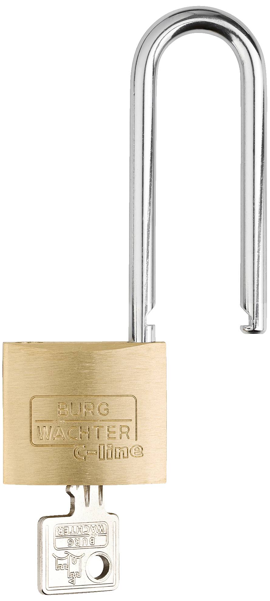 Goldenes Vorhängeschloss mit offenem Bügel und passendem Schlüssel, Herstellerkennzeichnung 'BURG WÄCHTER c-line'.