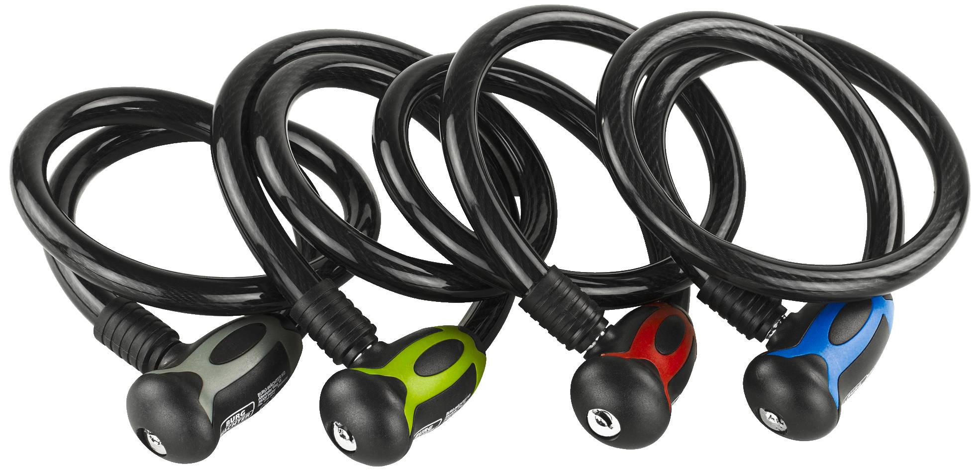 Vier schwarze Fahrradschlösser mit bunten Verschlüssen (schwarz, grün, rot, blau) liegen nebeneinander auf weißem Hintergrund.